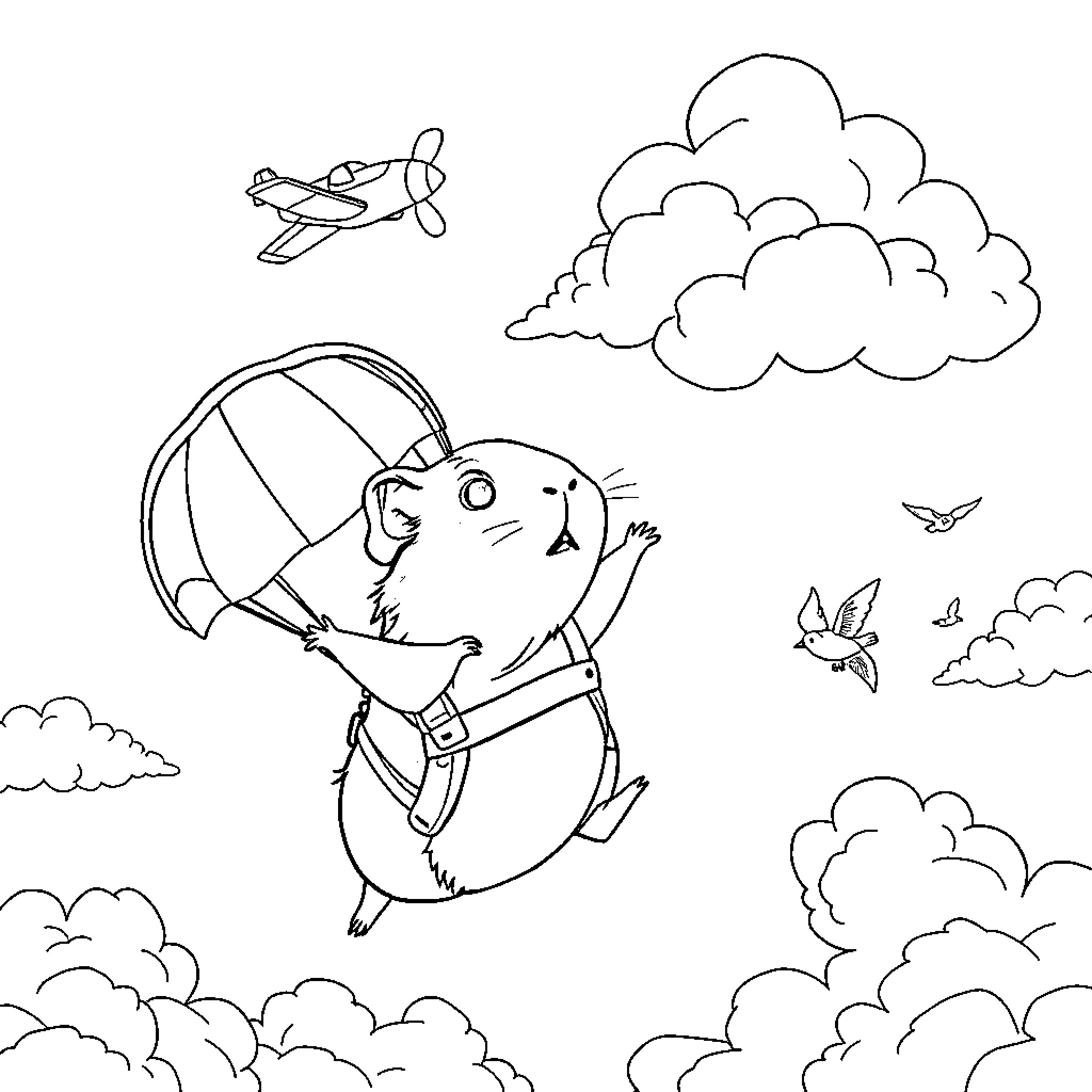 Guinea Pig Soaring in Parachute Adventure Coloring Page (free black-and-white line drawing printable PDF for all, from beginners to advanced learners, including children, teens, adults, and seniors)