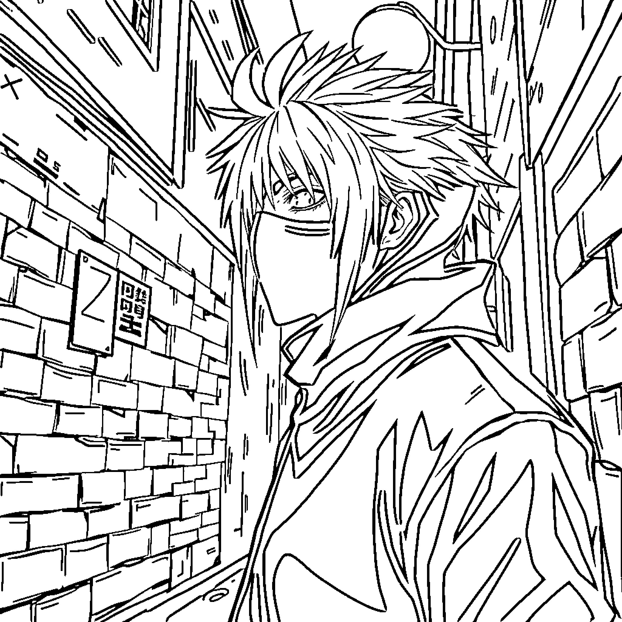 Kaneki in a dark alley, expressing anguish Coloring Page (free black-and-white line drawing printable PDF for all, from beginners to advanced learners, including children, teens, adults, and seniors)