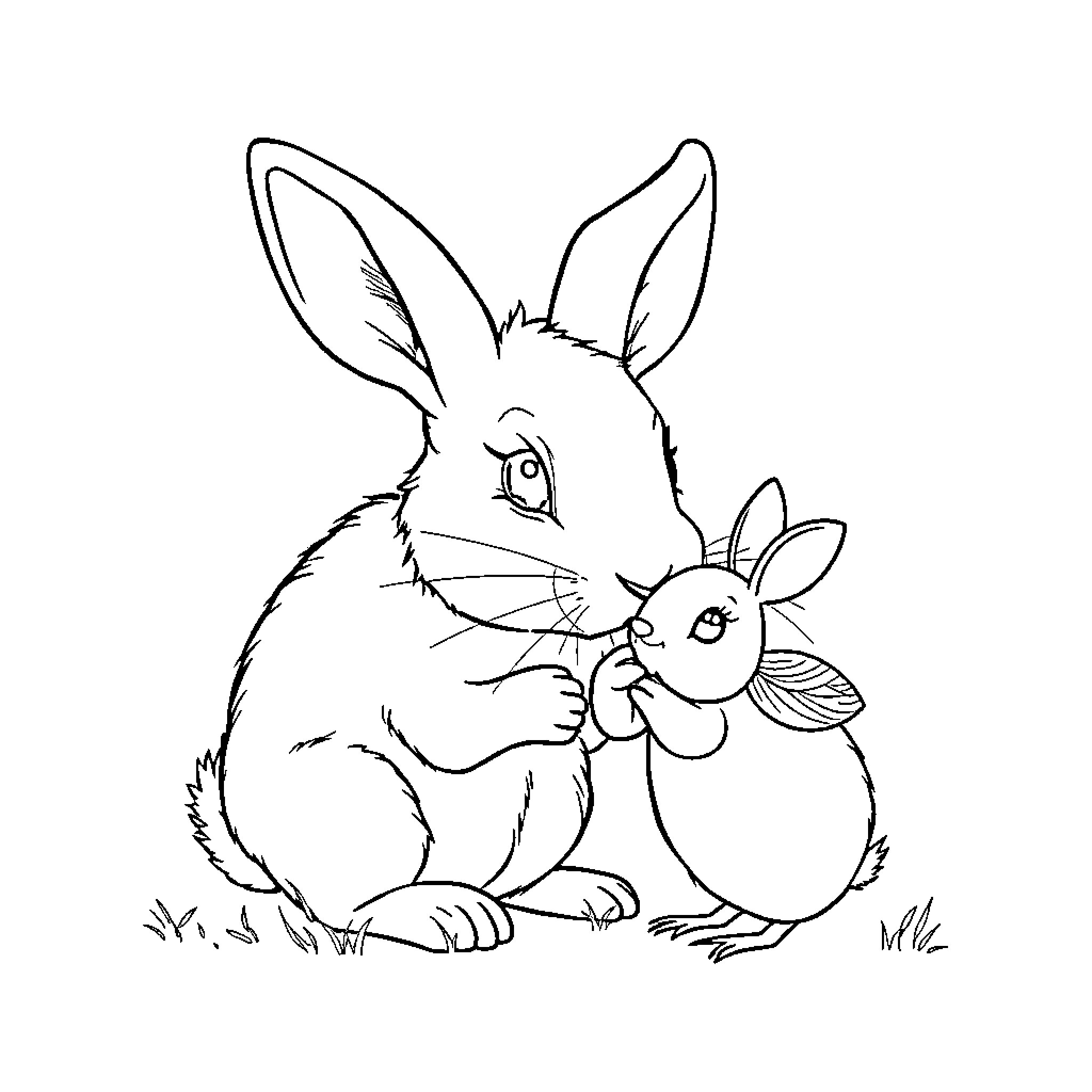 Rabbit caring for a baby bunny Coloring Page (free black-and-white line drawing printable PDF for all, from beginners to advanced learners, including children, teens, adults, and seniors)