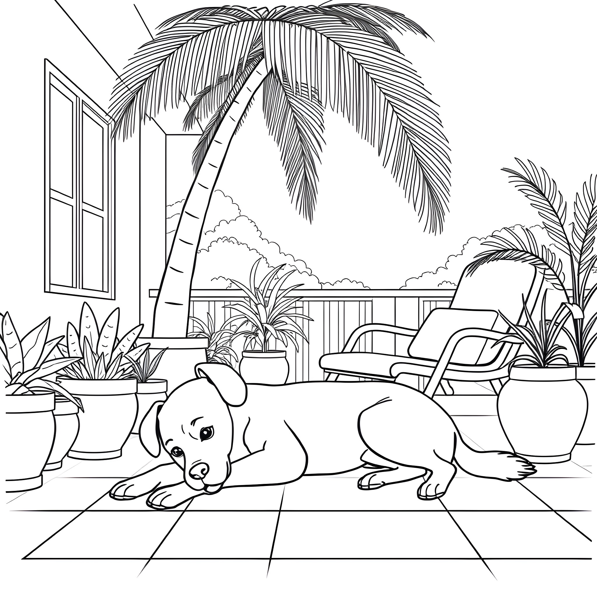 Dog relaxing in a tropical paradise Coloring Page (free black-and-white line drawing printable PDF for all, from beginners to advanced learners, including children, teens, adults, and seniors)