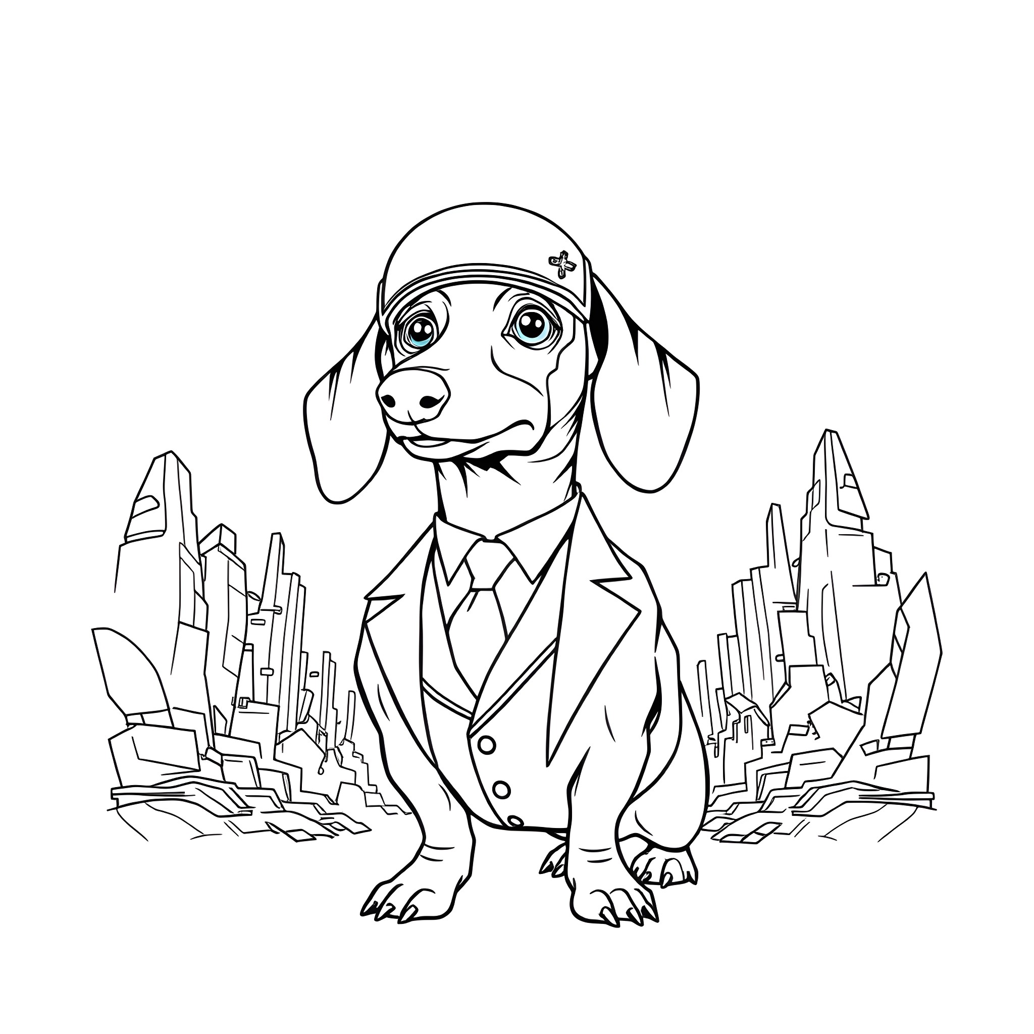 Dachshund dressed in a suit and tie in a city landscape Coloring Page (free black-and-white line drawing printable PDF for all, from beginners to advanced learners, including children, teens, adults, and seniors)