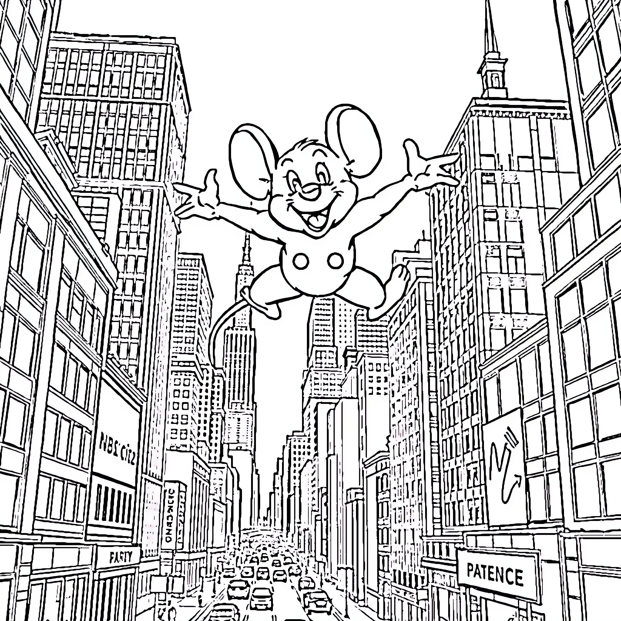 Mouse character flying through urban cityscape Coloring Page (free black-and-white line drawing printable PDF for all, from beginners to advanced learners, including children, teens, adults, and seniors)