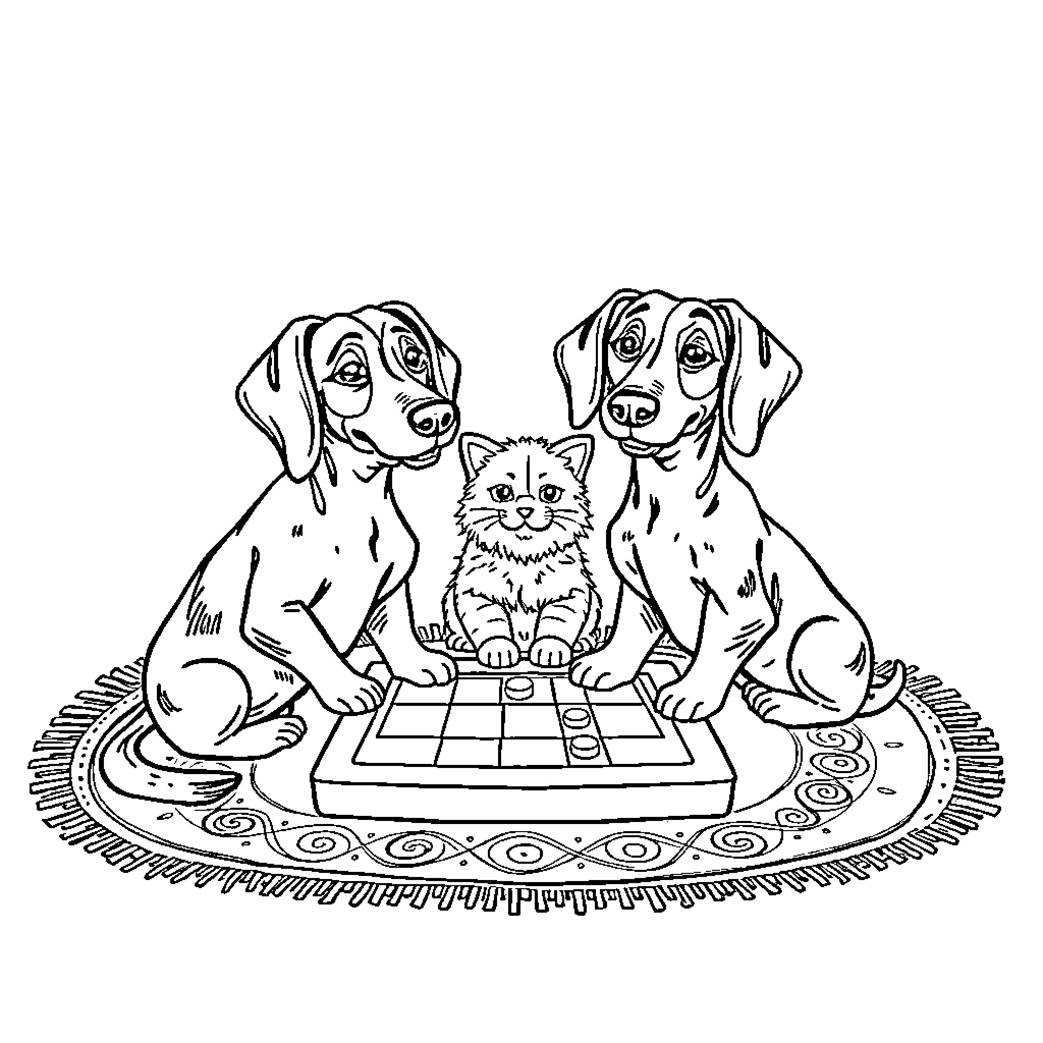 Dog and Cat Playing Checkers Together Coloring Page (free black-and-white line drawing printable PDF for all, from beginners to advanced learners, including children, teens, adults, and seniors)