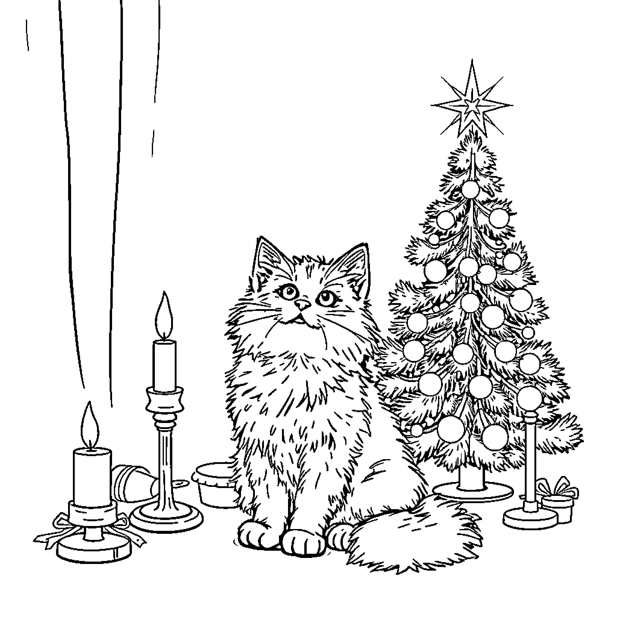 Cat admiring the Christmas tree and decorations Coloring Page (free black-and-white line drawing printable PDF for all, from beginners to advanced learners, including children, teens, adults, and seniors)