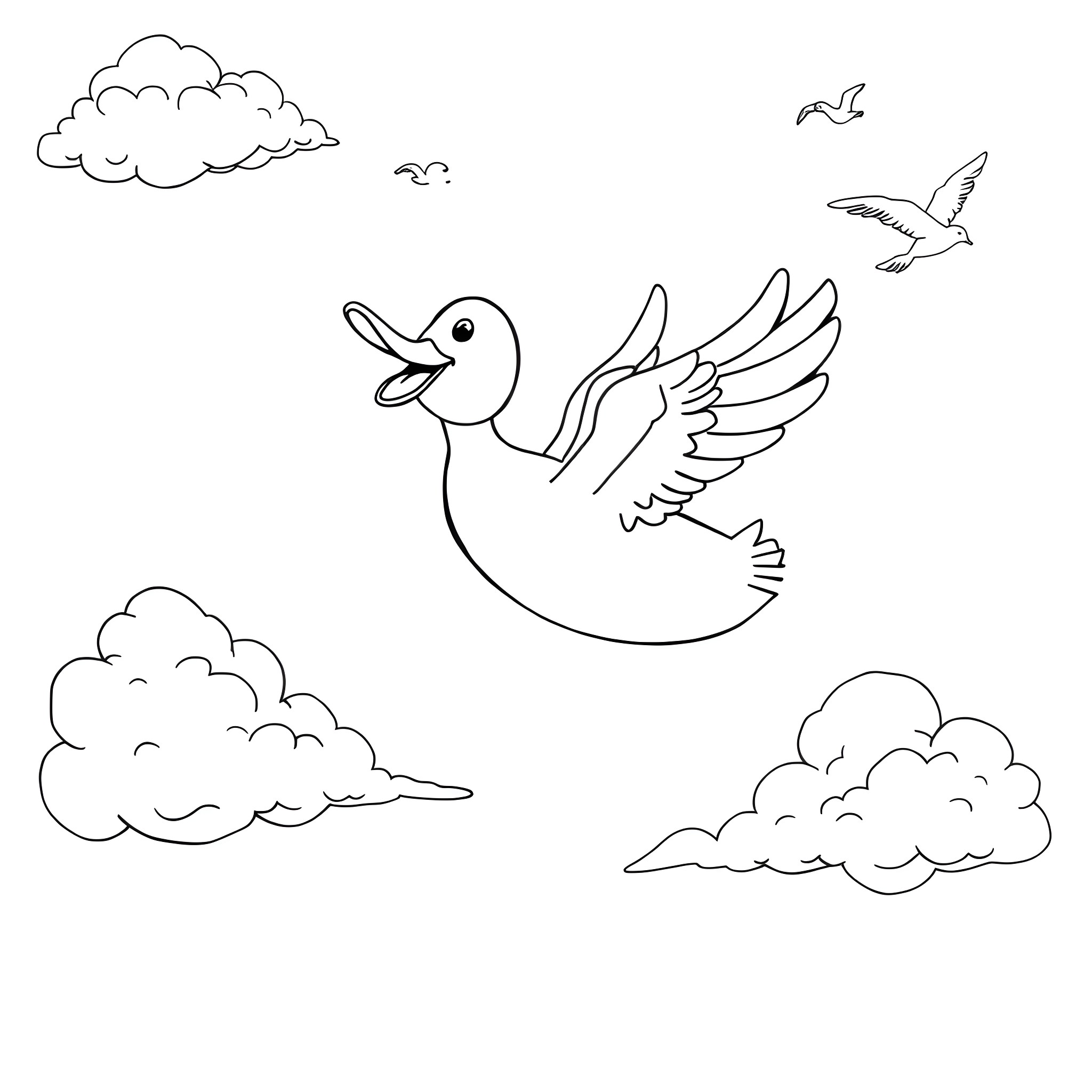 Duck flying amidst clouds and birds Coloring Page (free black-and-white line drawing printable PDF for all, from beginners to advanced learners, including children, teens, adults, and seniors)