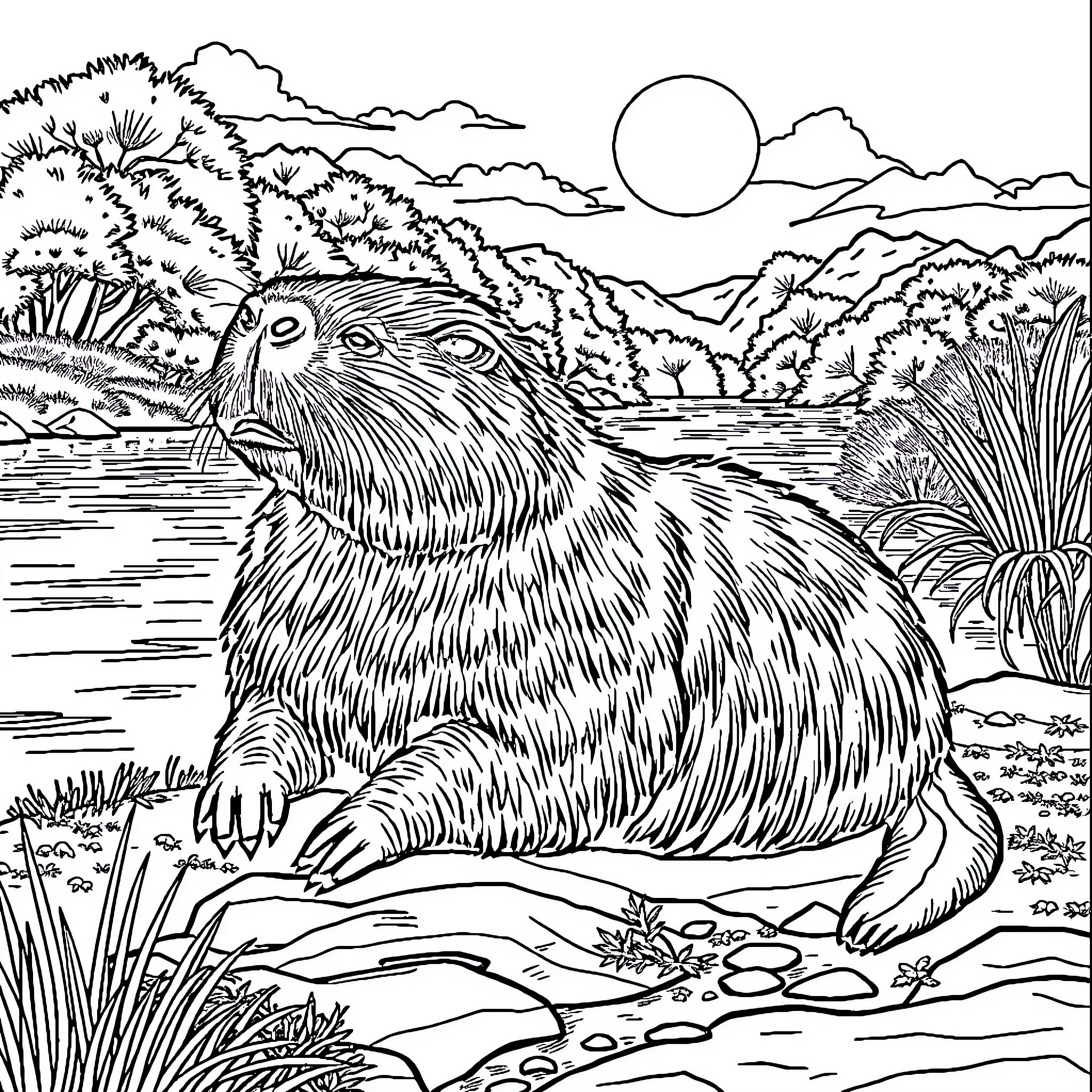 Capybara enjoying tranquil riverside scenery Coloring Page (free black-and-white line drawing printable PDF for all, from beginners to advanced learners, including children, teens, adults, and seniors)