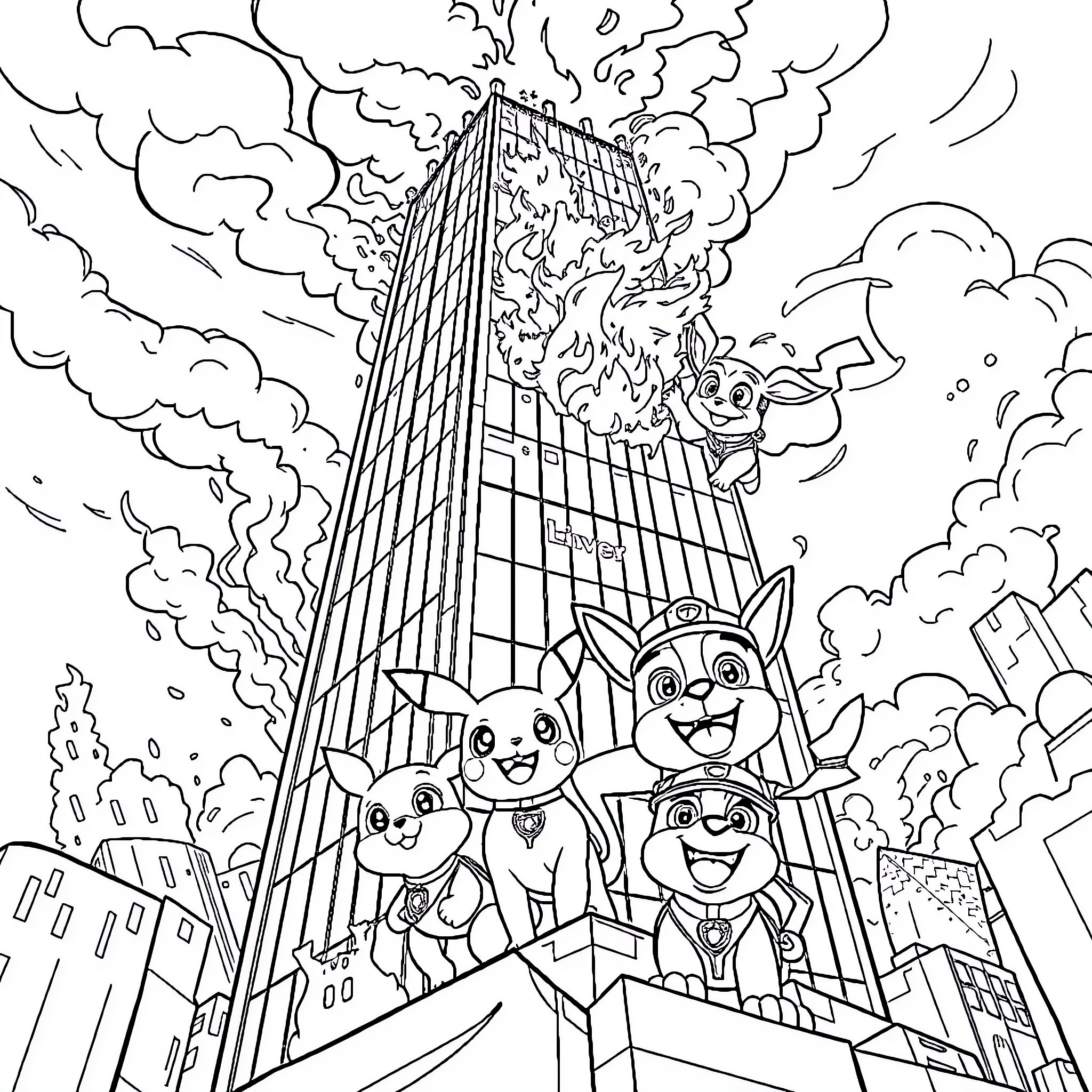 Paw Patrol heroes save the day in the city Coloring Page (free black-and-white line drawing printable PDF for all, from beginners to advanced learners, including children, teens, adults, and seniors)