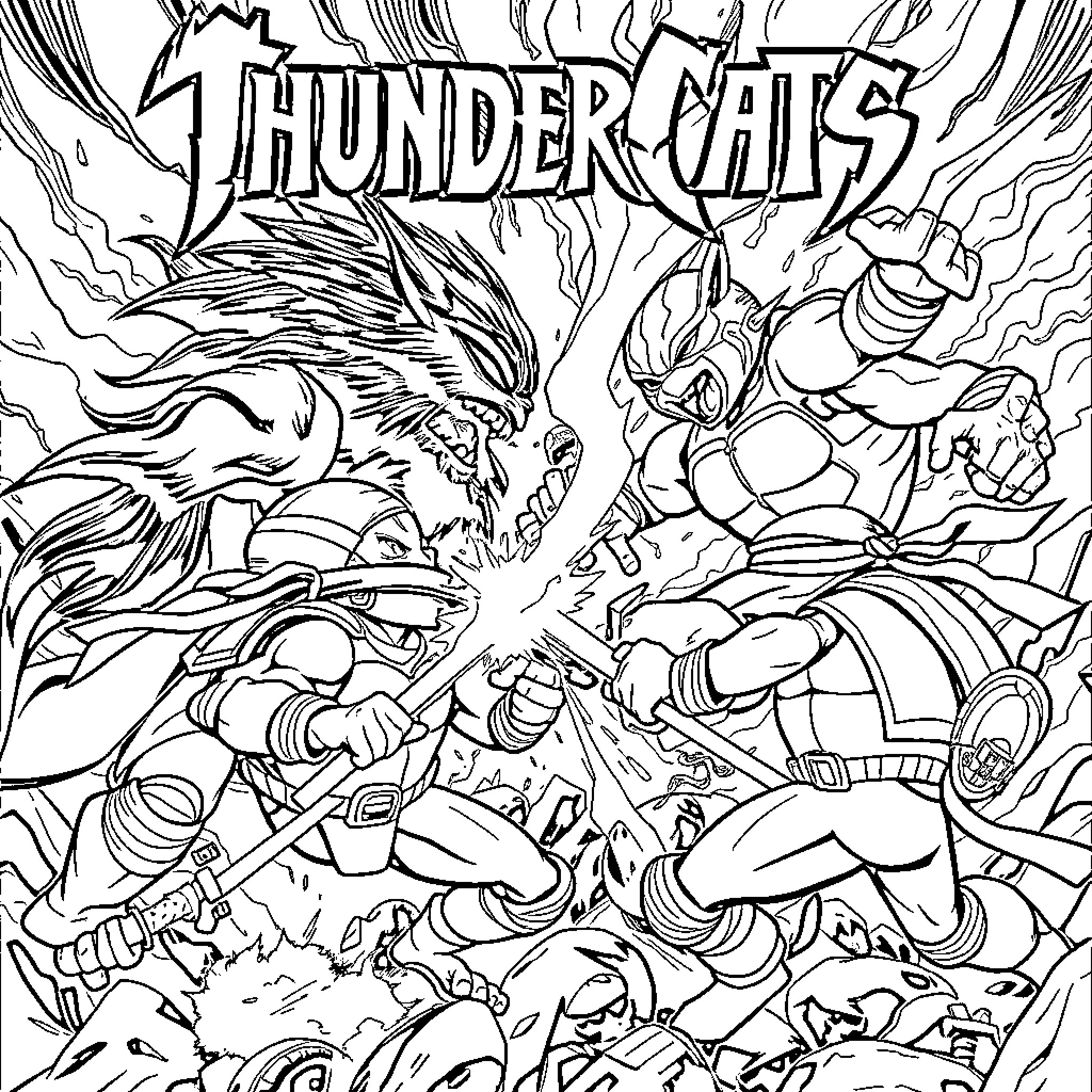 Thundercats Characters in Epic Battle Scene Coloring Page (free black-and-white line drawing printable PDF for all, from beginners to advanced learners, including children, teens, adults, and seniors)