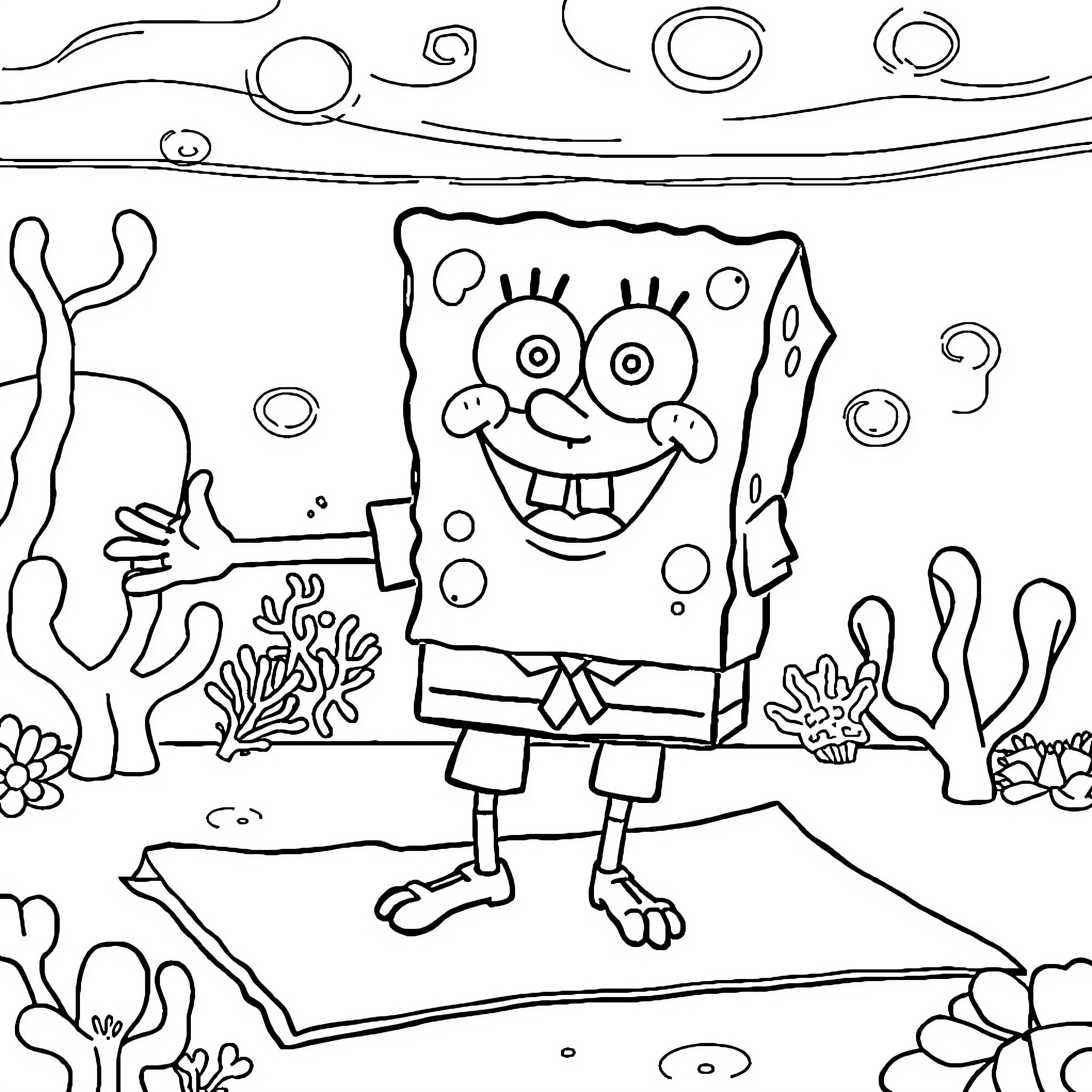 Spongebob dancing joyfully in the underwater world Coloring Page (free black-and-white line drawing printable PDF for all, from beginners to advanced learners, including children, teens, adults, and seniors)