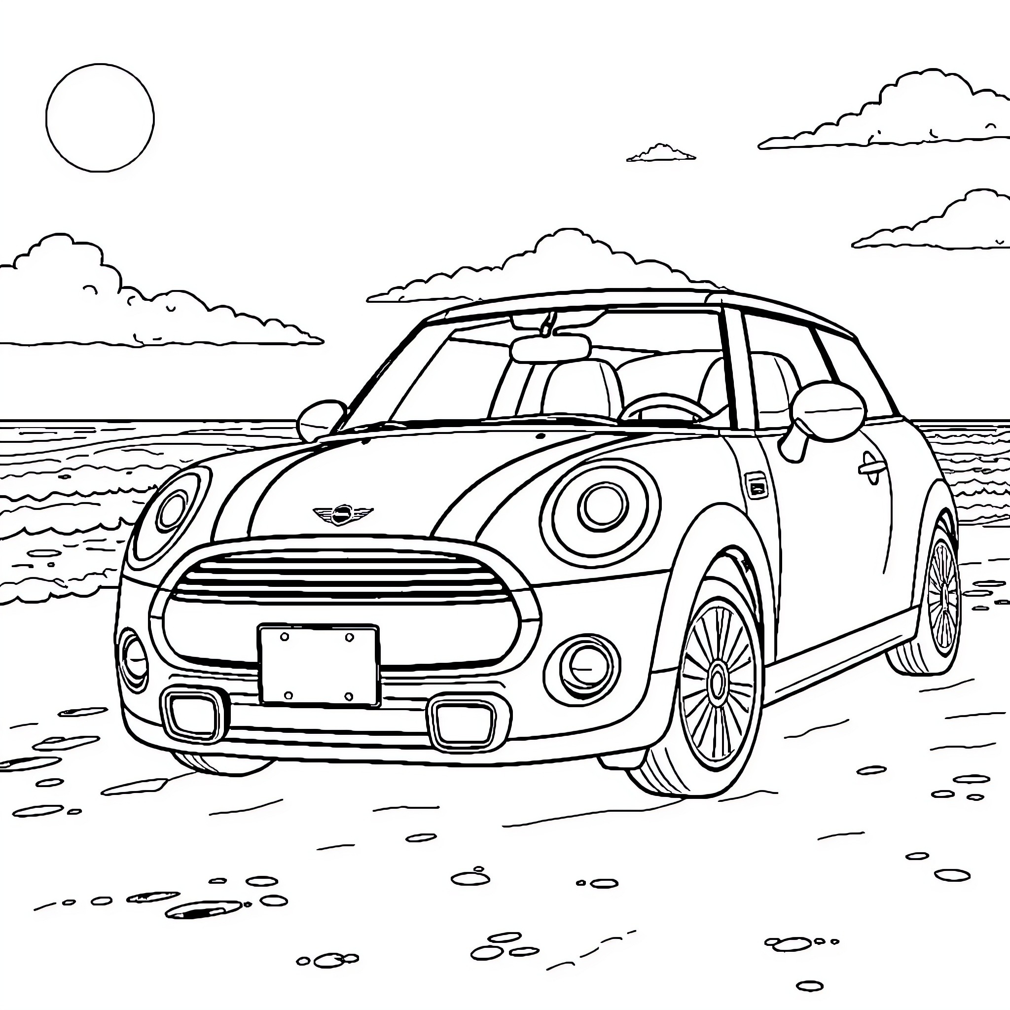 Mini Cooper driving by the beach Coloring Page (free black-and-white line drawing printable PDF for all, from beginners to advanced learners, including children, teens, adults, and seniors)