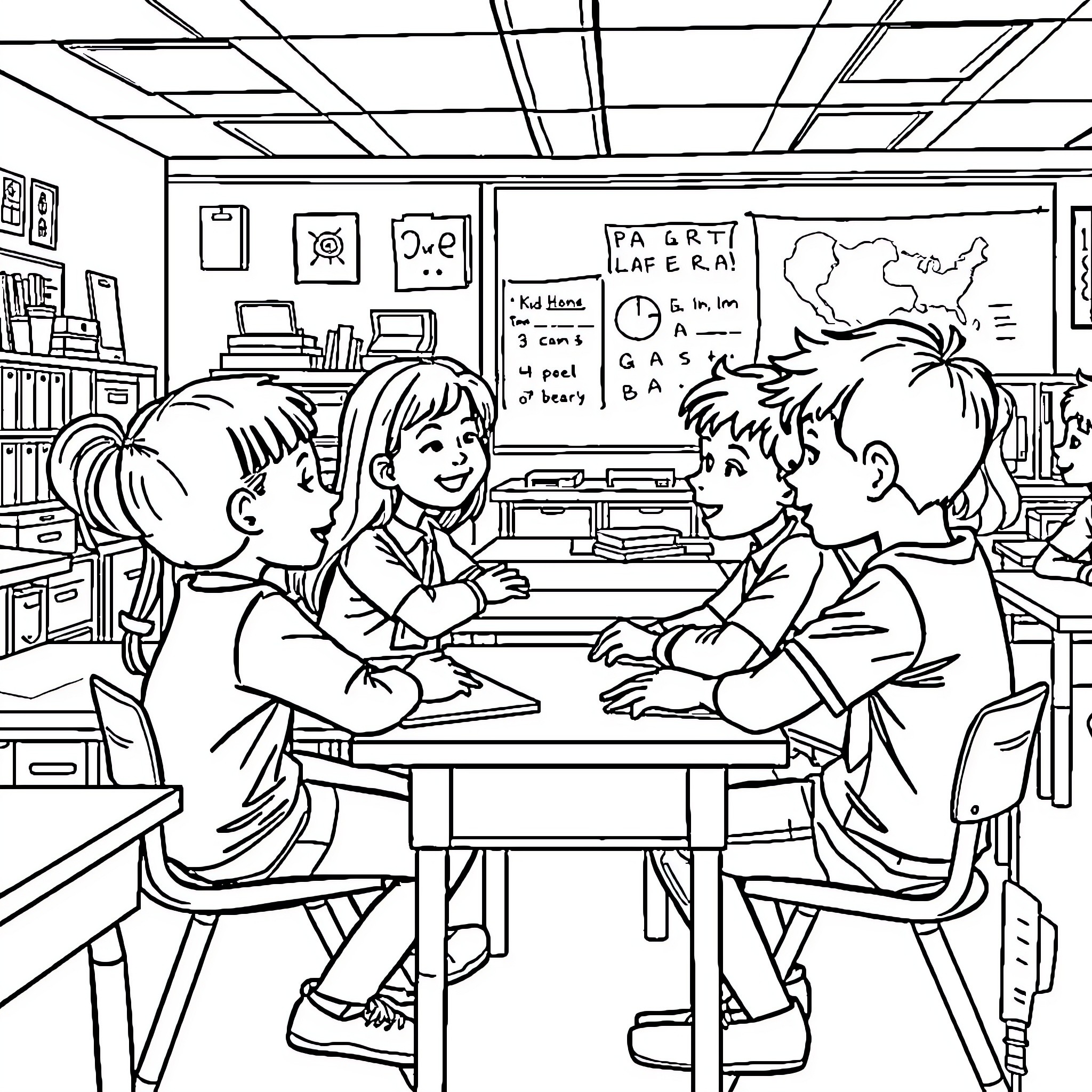 Kindness shared in the classroom Coloring Page (free black-and-white line drawing printable PDF for all, from beginners to advanced learners, including children, teens, adults, and seniors)