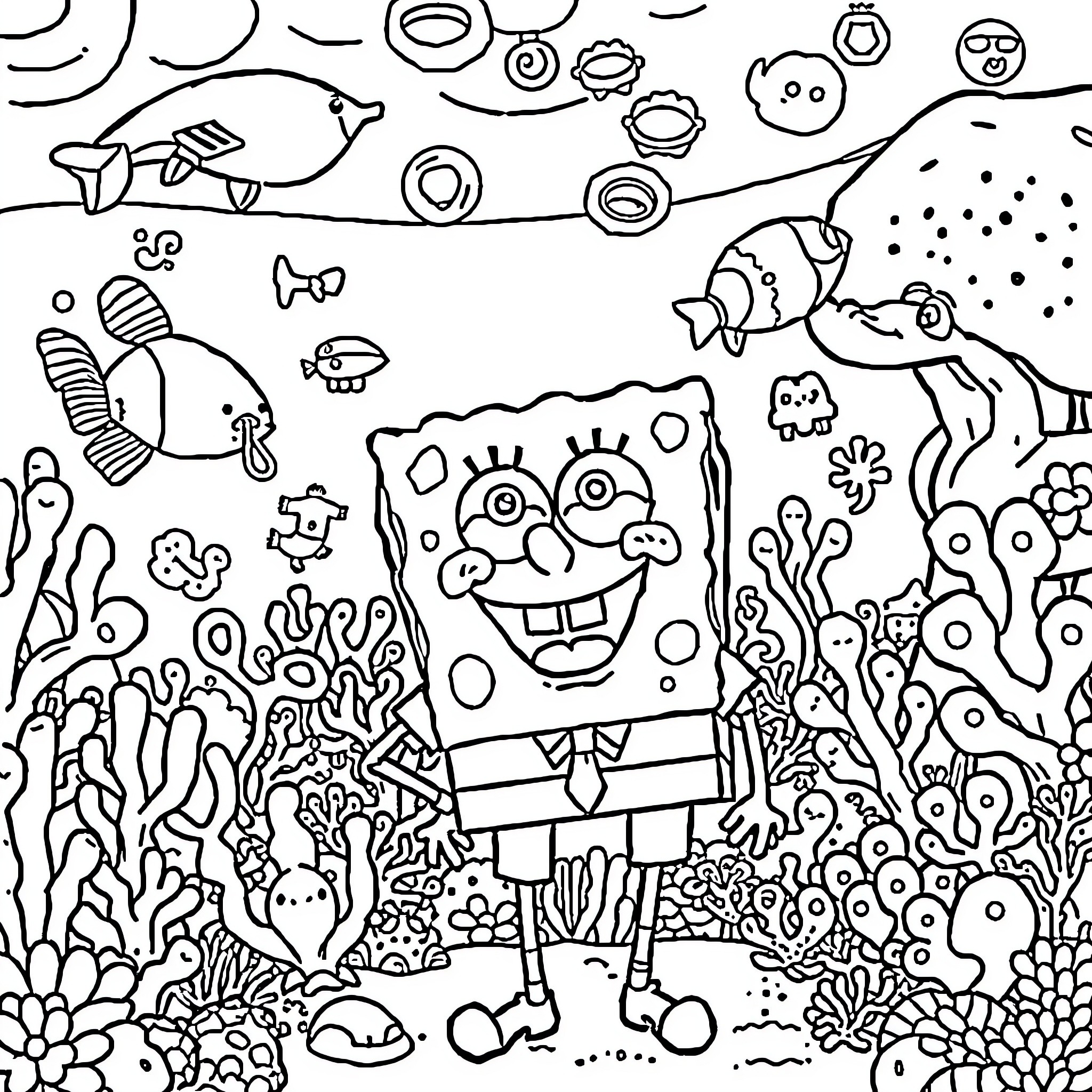 Spongebob and his underwater friends in a colorful scene Coloring Page (free black-and-white line drawing printable PDF for all, from beginners to advanced learners, including children, teens, adults, and seniors)