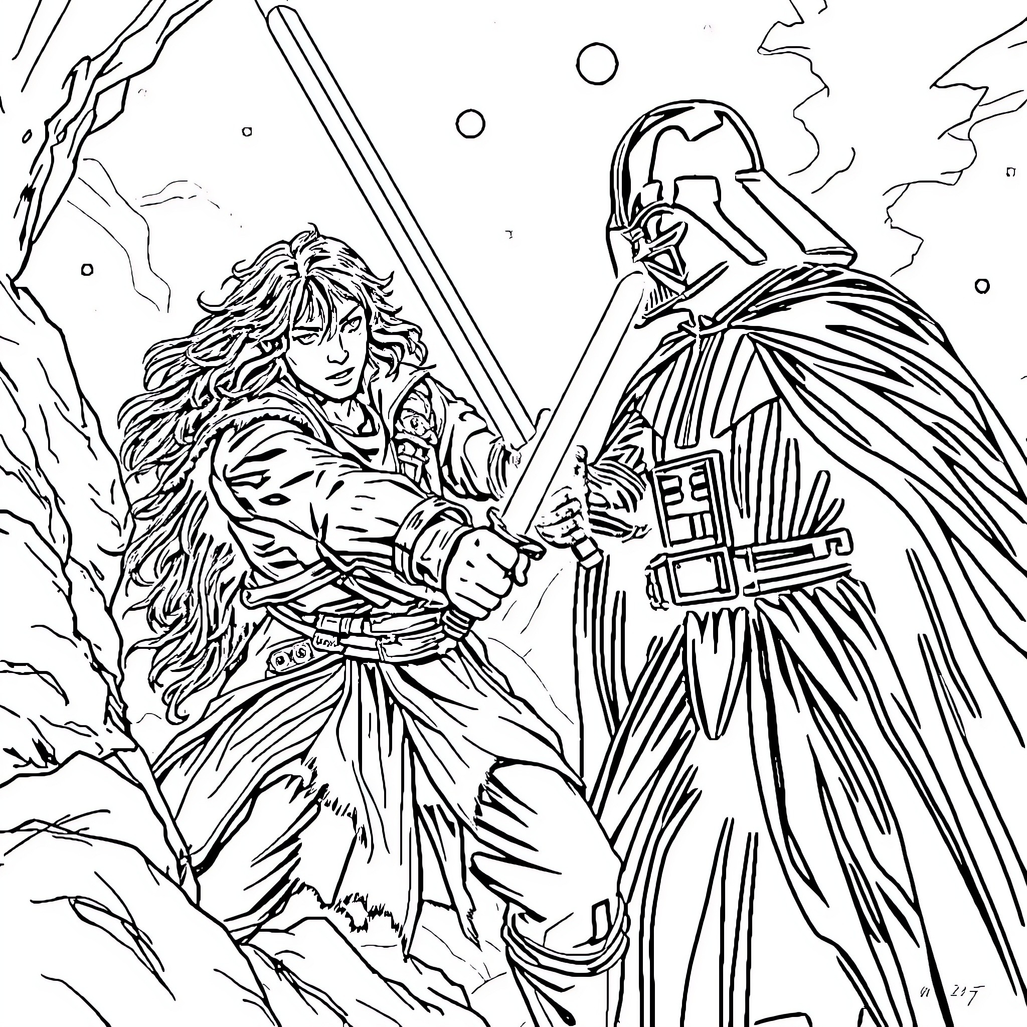Aragorn confronted by the powerful Darth Vader Coloring Page (free black-and-white line drawing printable PDF for all, from beginners to advanced learners, including children, teens, adults, and seniors)