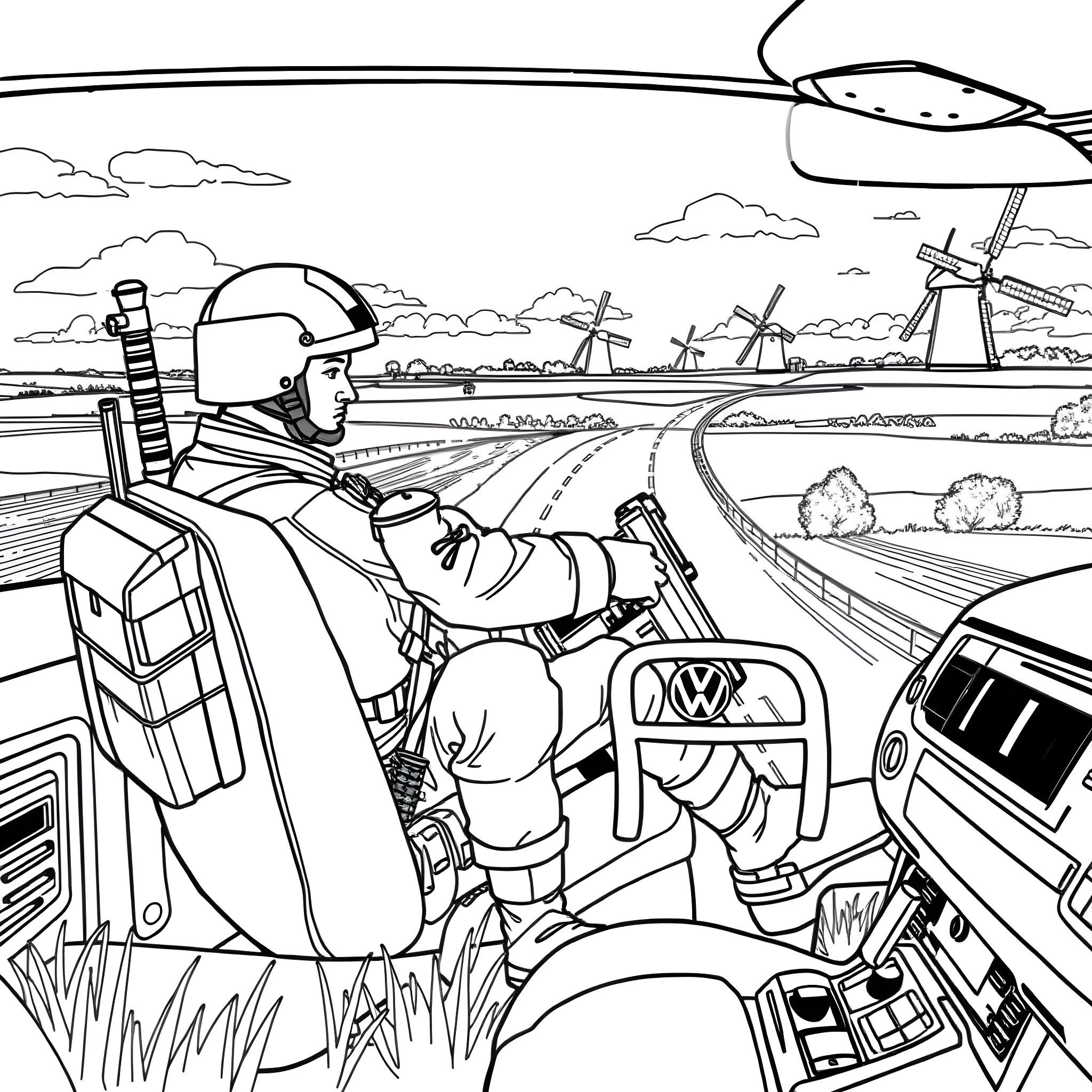 Soldier operating military vehicle in rural landscape Coloring Page (free black-and-white line drawing printable PDF for all, from beginners to advanced learners, including children, teens, adults, and seniors)