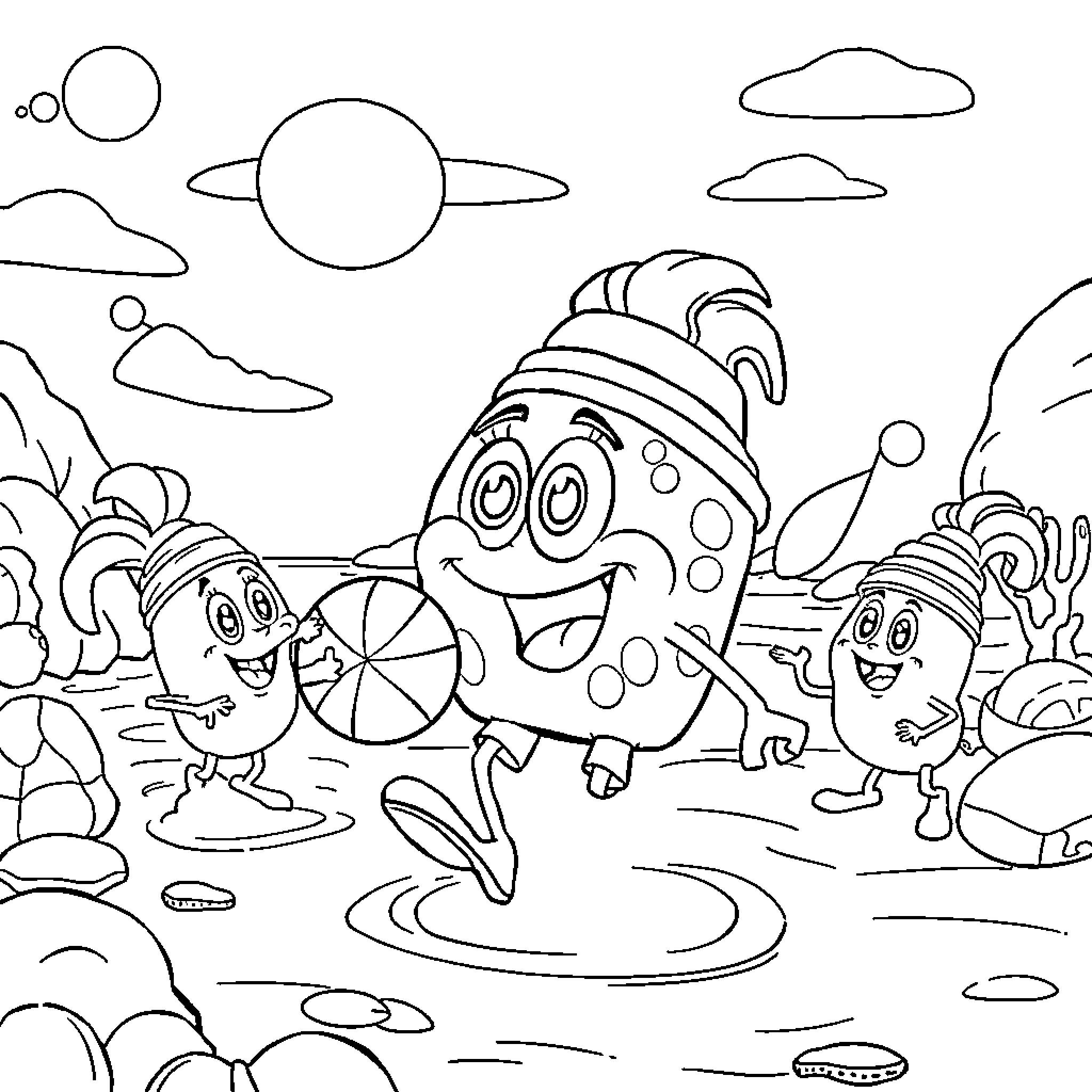 Bob esponja playing at the beach with friends Coloring Page (free black-and-white line drawing printable PDF for all, from beginners to advanced learners, including children, teens, adults, and seniors)