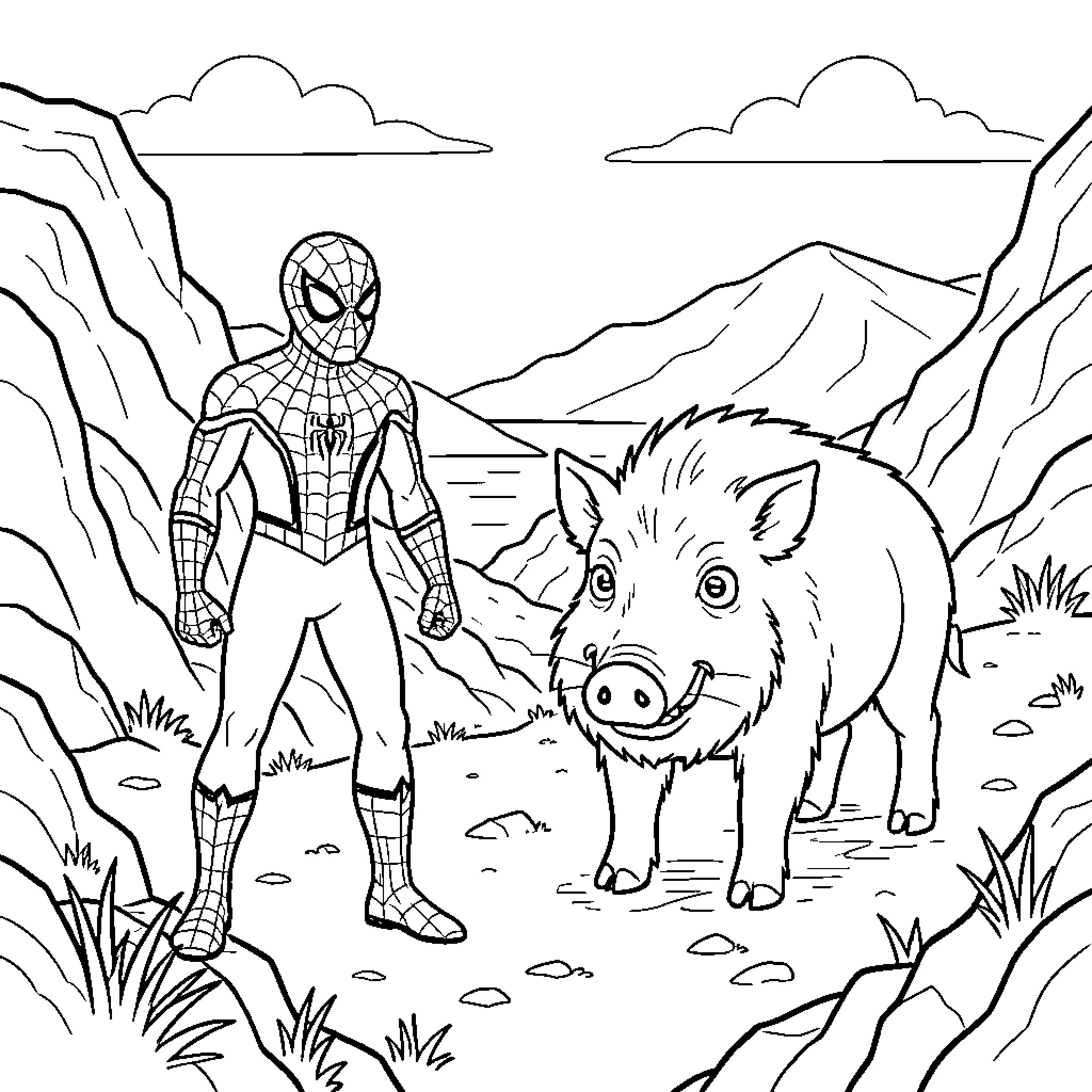 Spiderman standing beside a pig in a mountain landscape Coloring Page (free black-and-white line drawing printable PDF for all, from beginners to advanced learners, including children, teens, adults, and seniors)