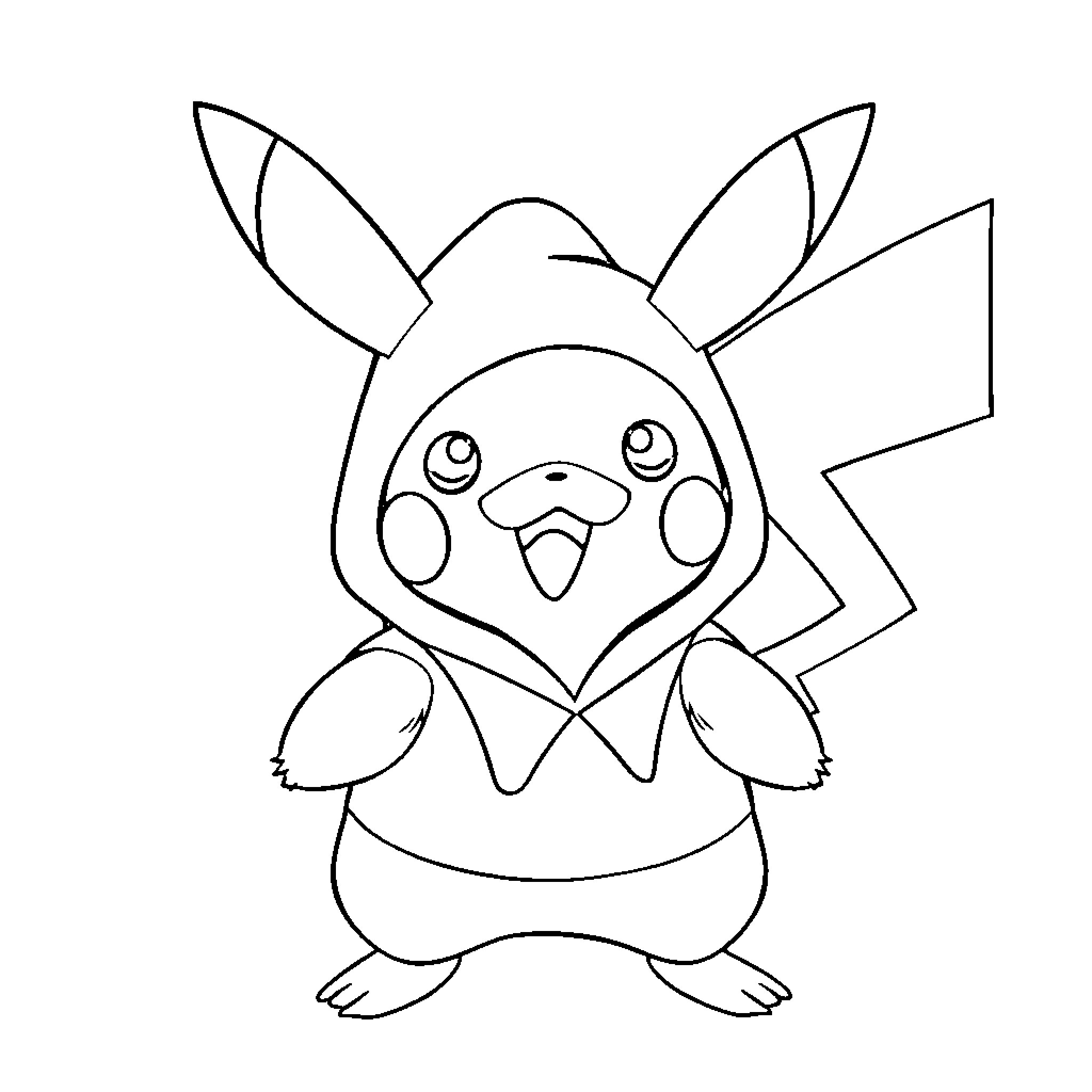 Pikachu in a cute and cheerful pose Coloring Page (free black-and-white line drawing printable PDF for all, from beginners to advanced learners, including children, teens, adults, and seniors)