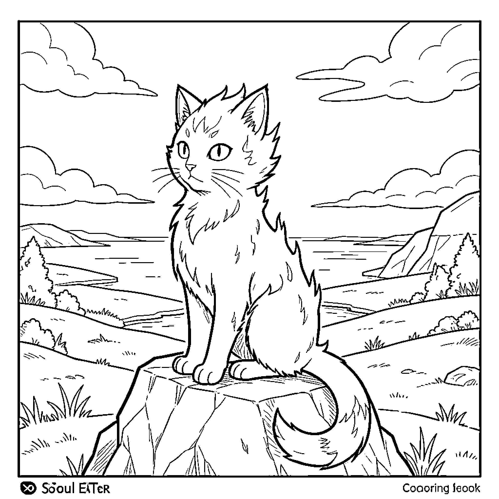 Fire Cat sitting calmly on a rock overlooking the sea Coloring Page (free black-and-white line drawing printable PDF for all, from beginners to advanced learners, including children, teens, adults, and seniors)