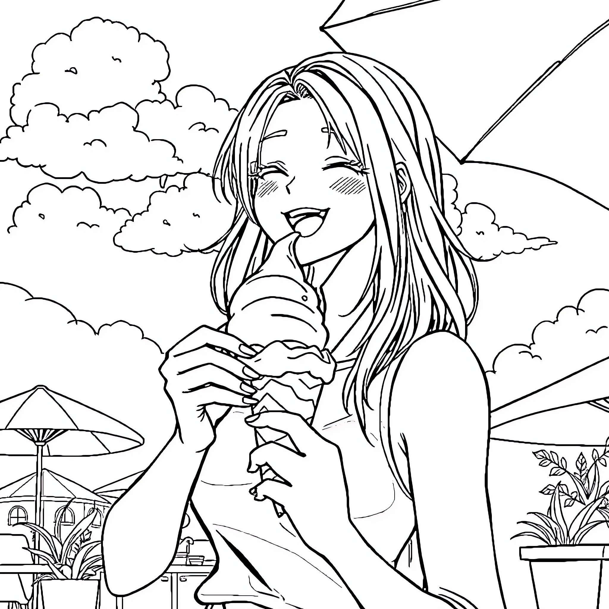 Anime Woman enjoying the outdoors on a sunny day Coloring Page (free black-and-white line drawing printable PDF for all, from beginners to advanced learners, including children, teens, adults, and seniors)