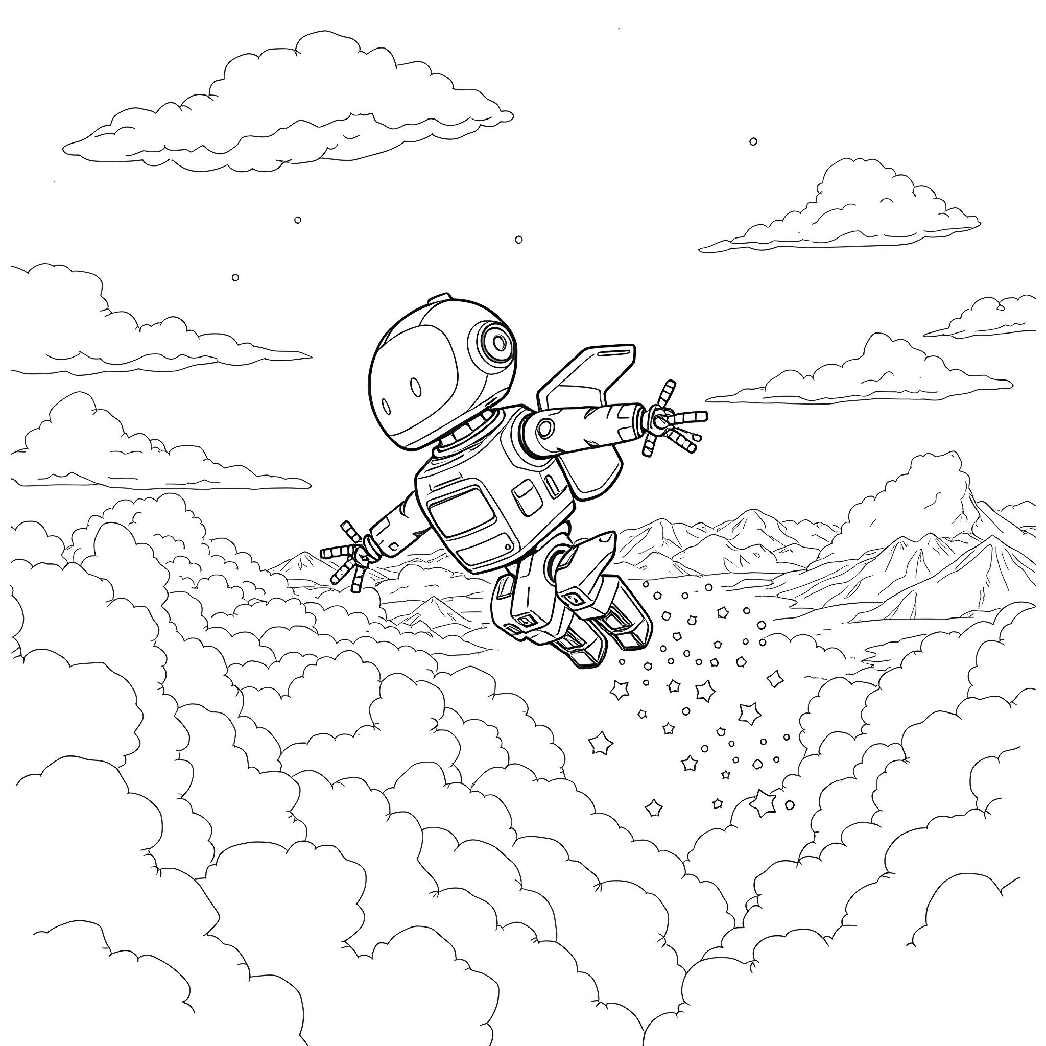 Otto the Robot Explores the Cosmic Landscape Coloring Page (free black-and-white line drawing printable PDF for all, from beginners to advanced learners, including children, teens, adults, and seniors)