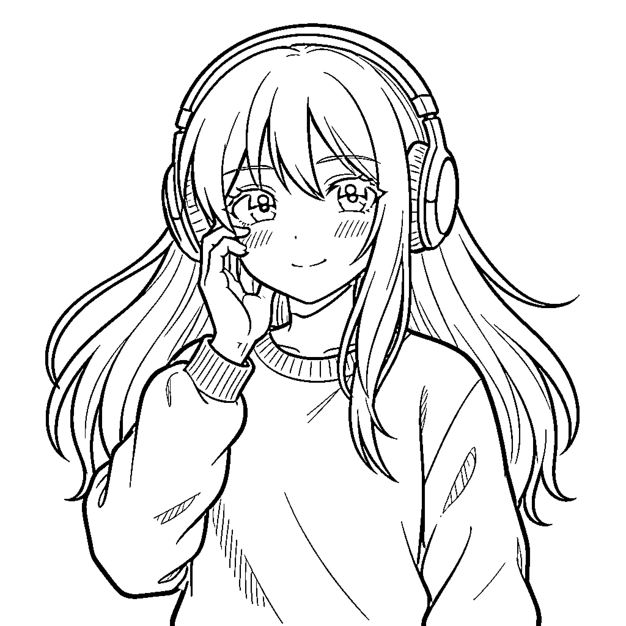 Anime Girl with Headphones Listening Intently Coloring Page (free black-and-white line drawing printable PDF for all, from beginners to advanced learners, including children, teens, adults, and seniors)