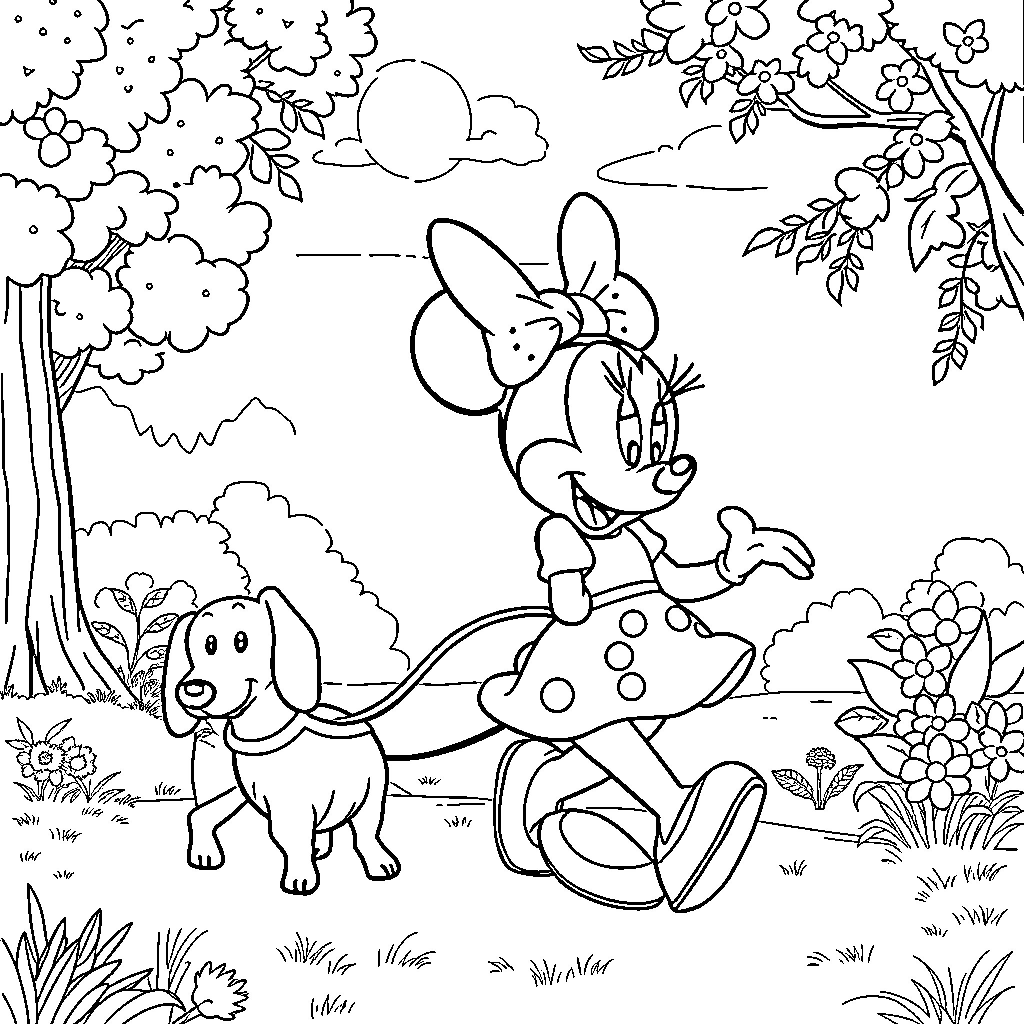 Minnie Mouse on a Nature Adventure with a Puppy Coloring Page (free black-and-white line drawing printable PDF for all, from beginners to advanced learners, including children, teens, adults, and seniors)
