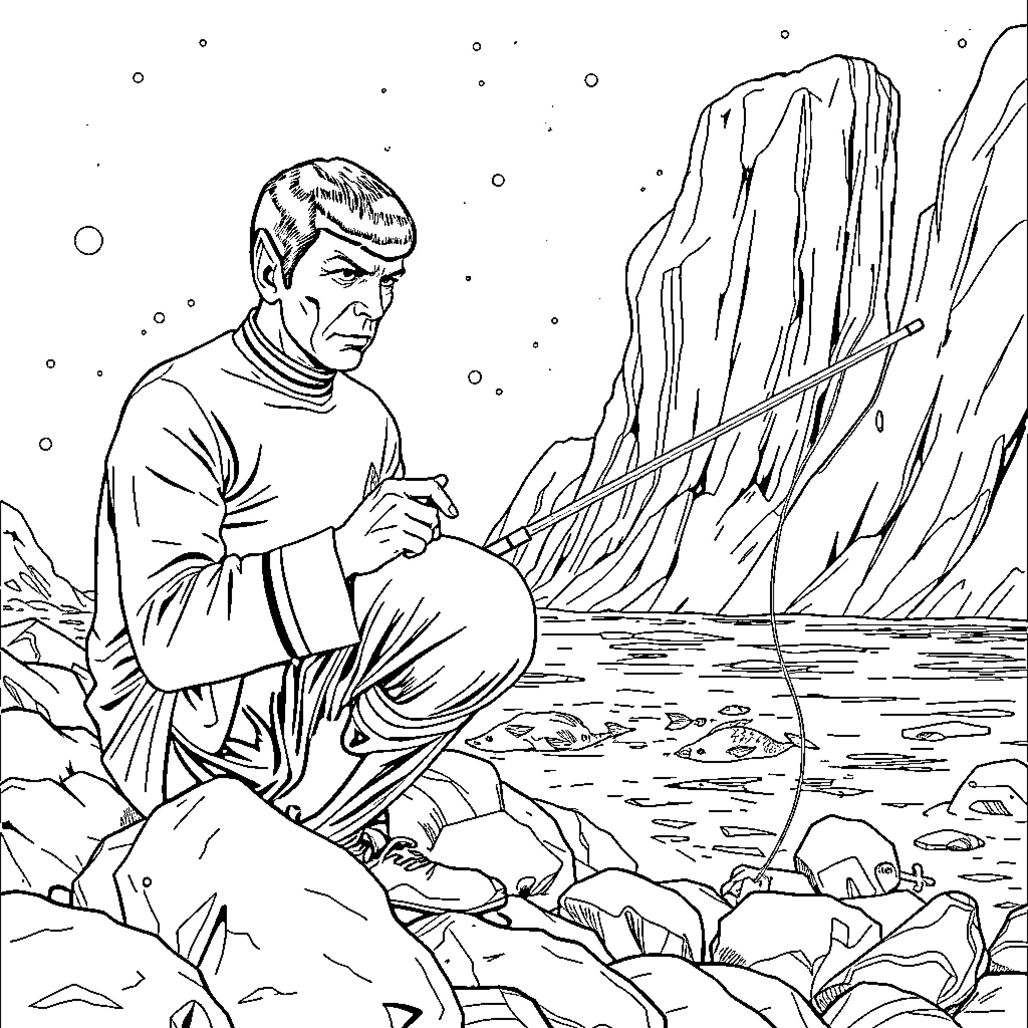 Spock Meditates in Alien Landscape Coloring Page (free black-and-white line drawing printable PDF for all, from beginners to advanced learners, including children, teens, adults, and seniors)