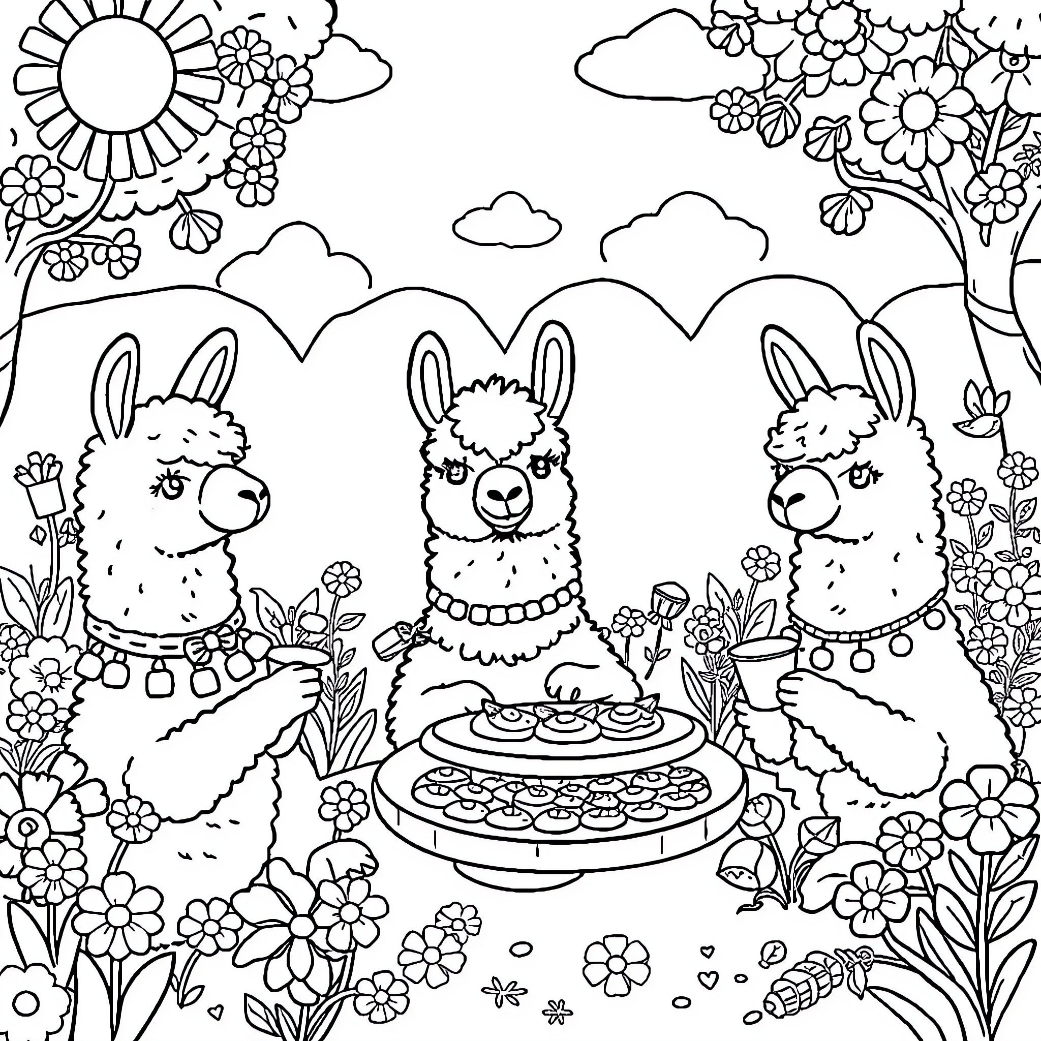 Alpacas enjoying a floral garden tea party Coloring Page (free black-and-white line drawing printable PDF for all, from beginners to advanced learners, including children, teens, adults, and seniors)