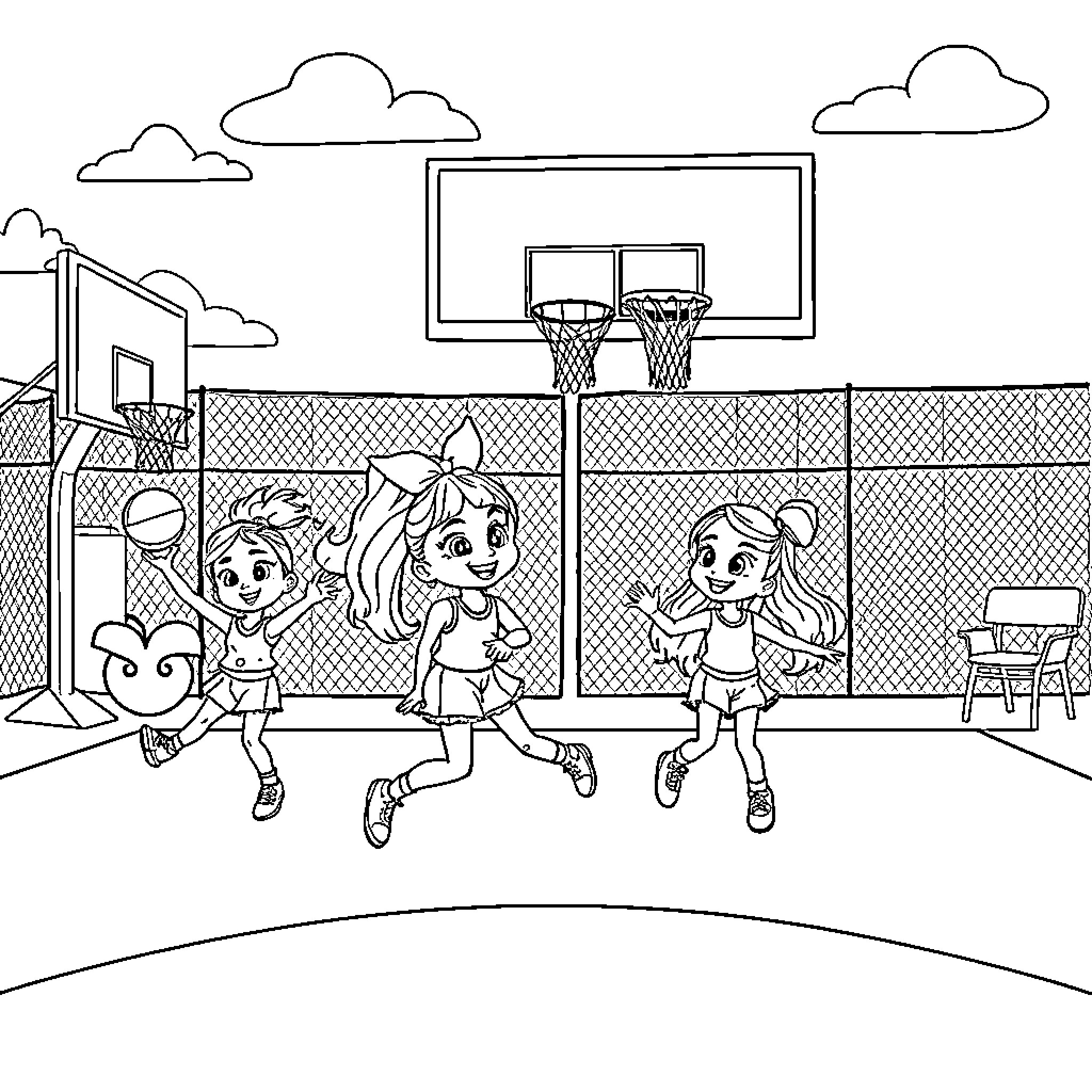 Dollhouse Children Playing Basketball on the Court Coloring Page (free black-and-white line drawing printable PDF for all, from beginners to advanced learners, including children, teens, adults, and seniors)