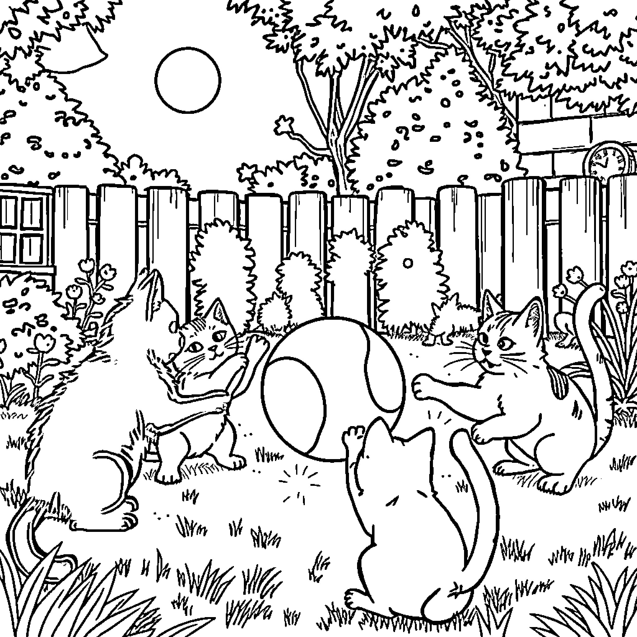 Cat Gathering in Whimsical Garden Landscape Coloring Page (free black-and-white line drawing printable PDF for all, from beginners to advanced learners, including children, teens, adults, and seniors)