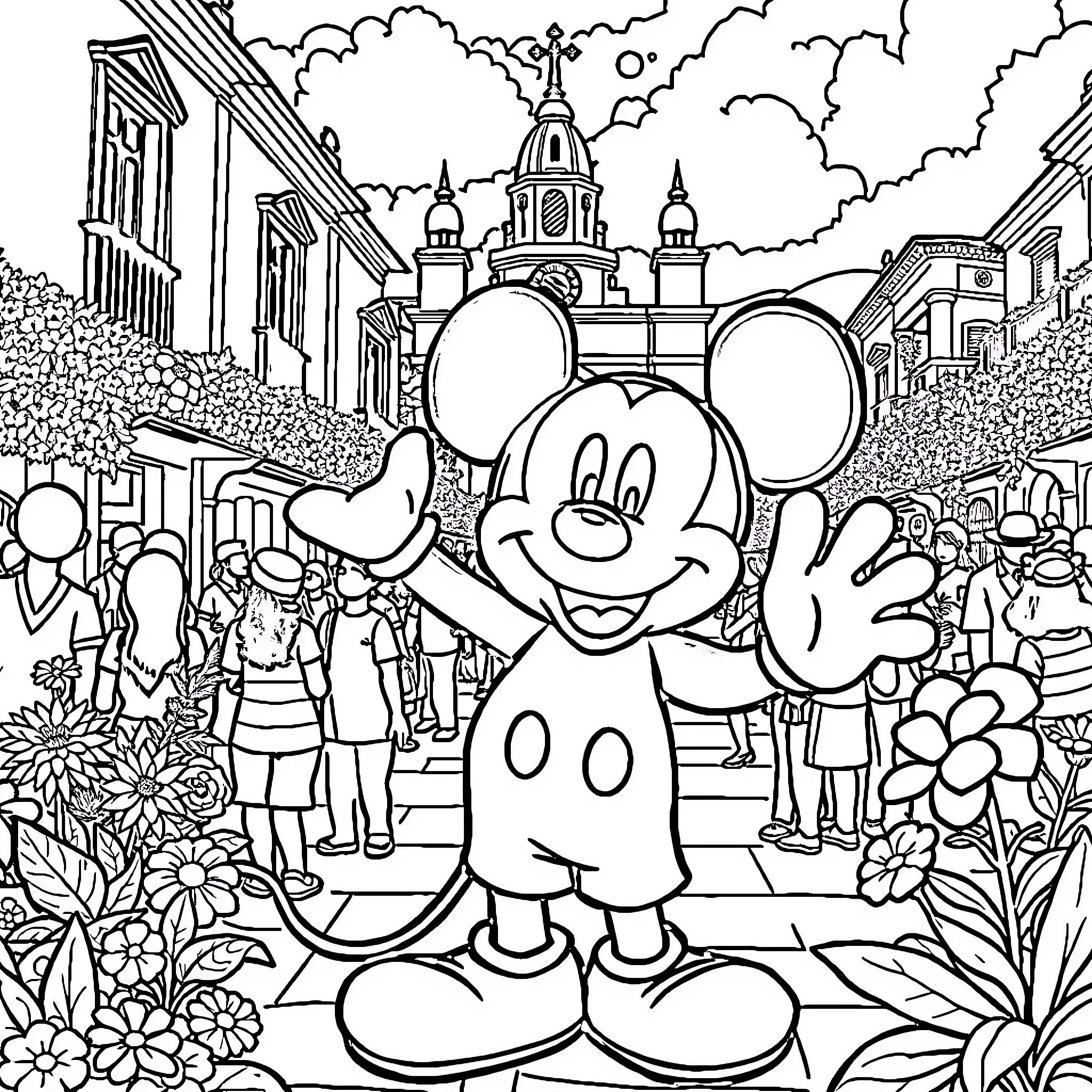 Mickey Waving Happily in Magical Town Coloring Page (free black-and-white line drawing printable PDF for all, from beginners to advanced learners, including children, teens, adults, and seniors)