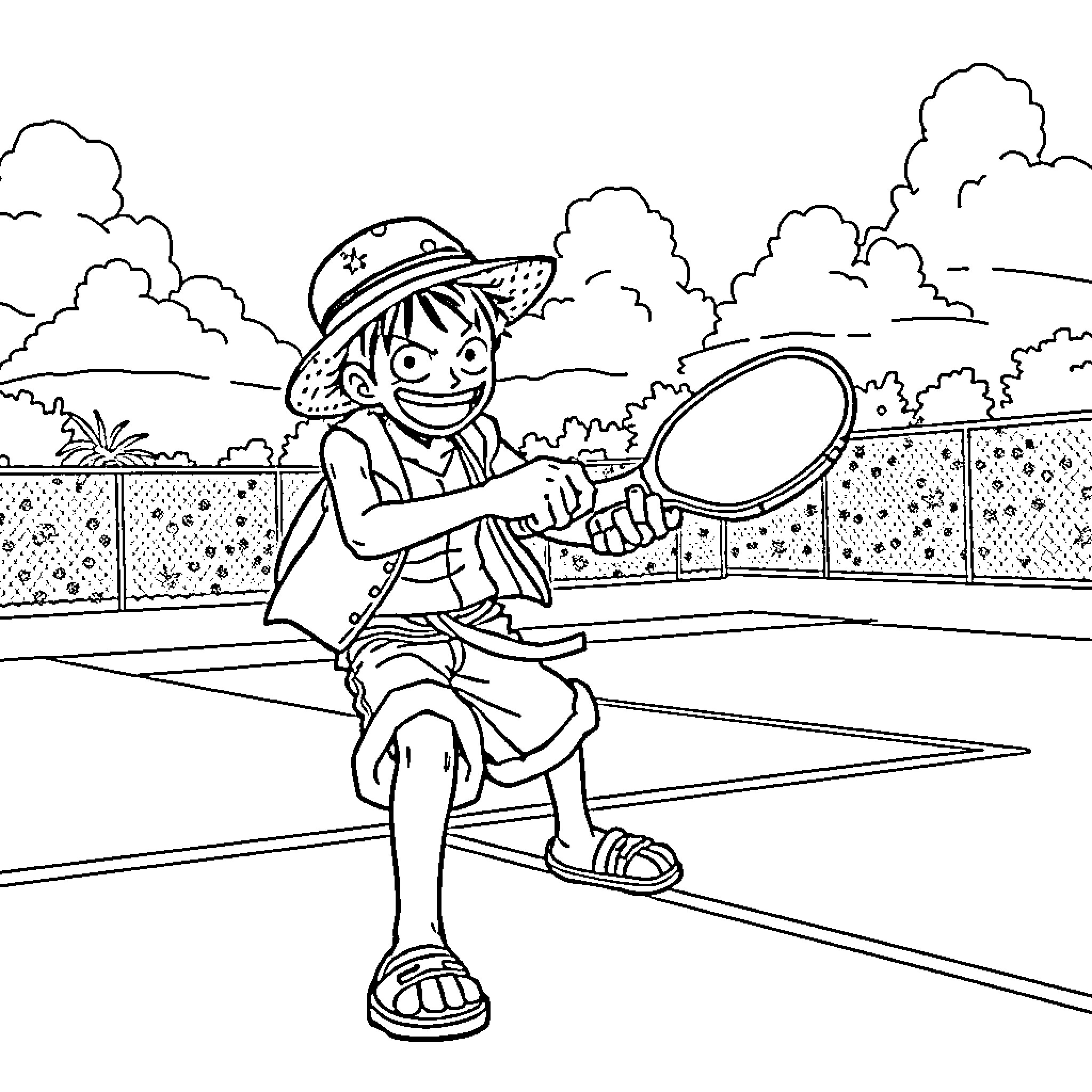Monkey D Luffy enjoying tennis in the countryside Coloring Page (free black-and-white line drawing printable PDF for all, from beginners to advanced learners, including children, teens, adults, and seniors)