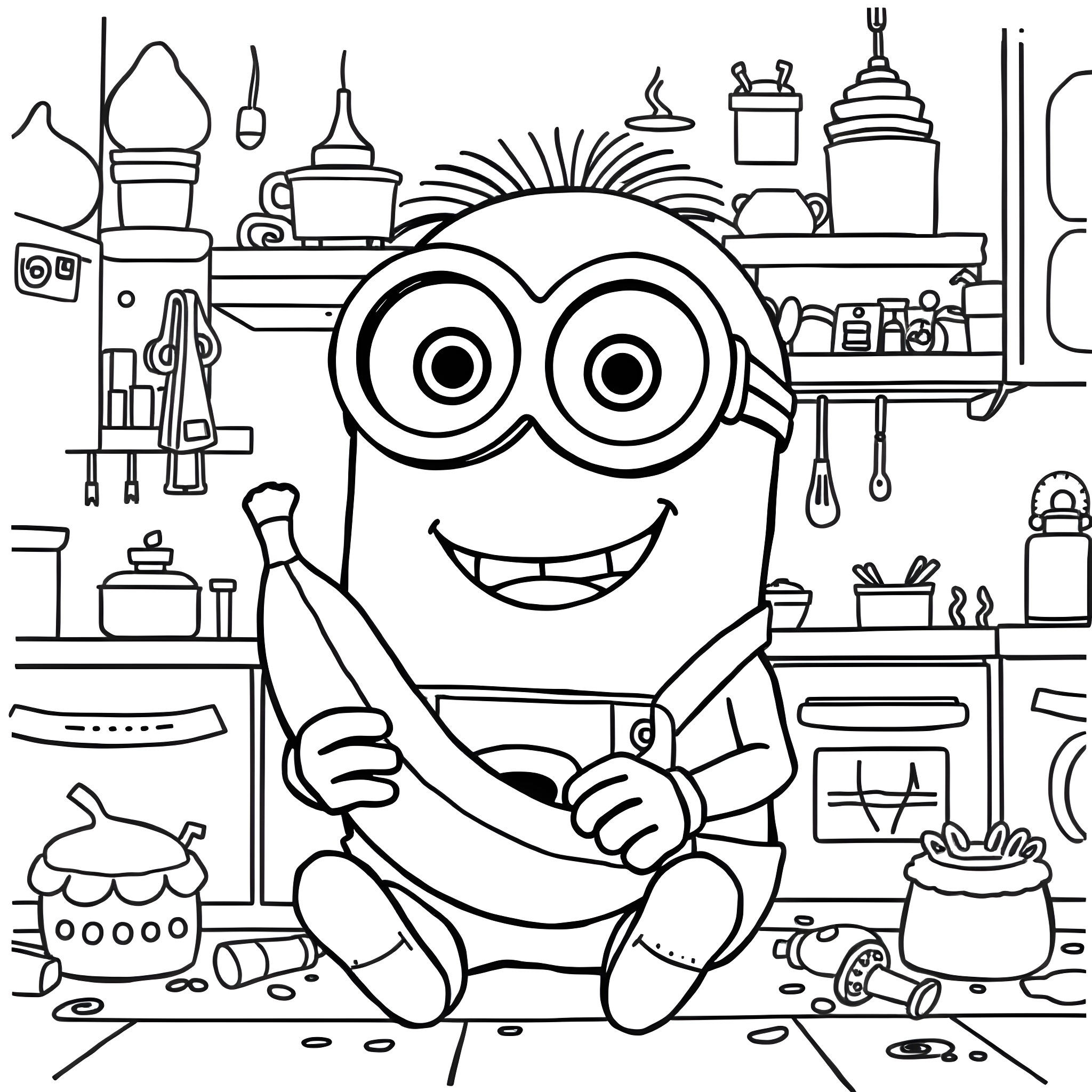 Minion Cooking in the Kitchen Coloring Page (free black-and-white line drawing printable PDF for all, from beginners to advanced learners, including children, teens, adults, and seniors)