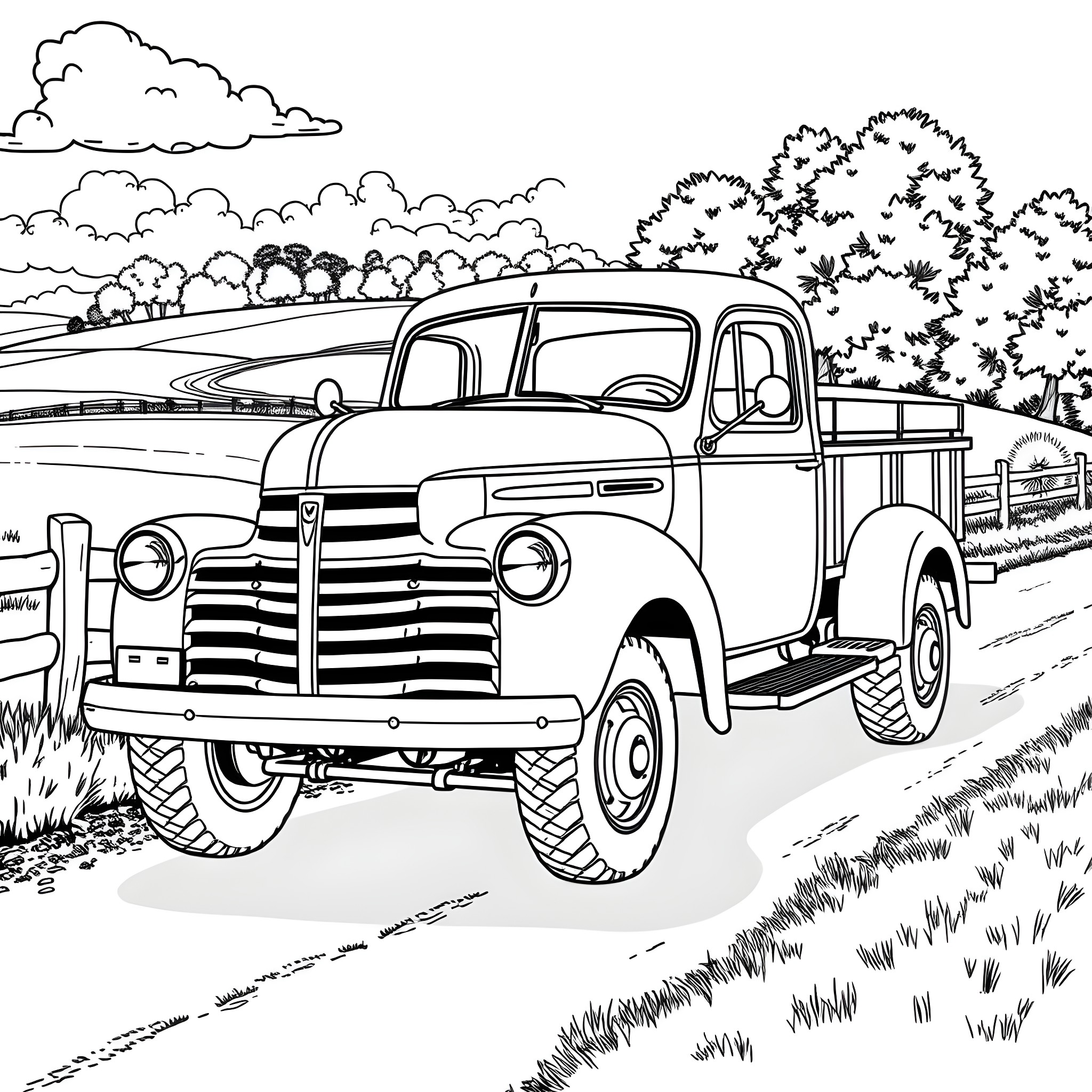 Truck driving on a rural road through a scenic landscape Coloring Page (free black-and-white line drawing printable PDF for all, from beginners to advanced learners, including children, teens, adults, and seniors)