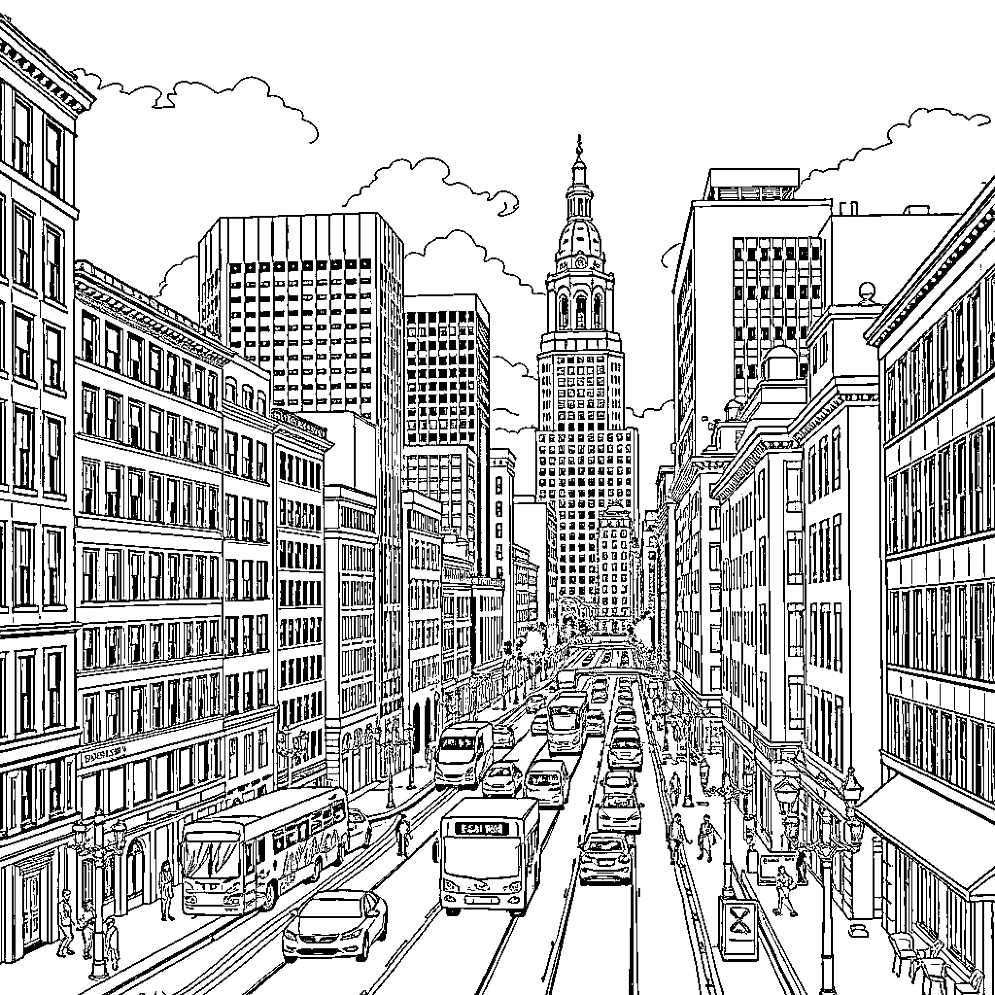 Boston Cityscape with Bustling Streets and Towering Skyscrapers Coloring Page (free black-and-white line drawing printable PDF for all, from beginners to advanced learners, including children, teens, adults, and seniors)