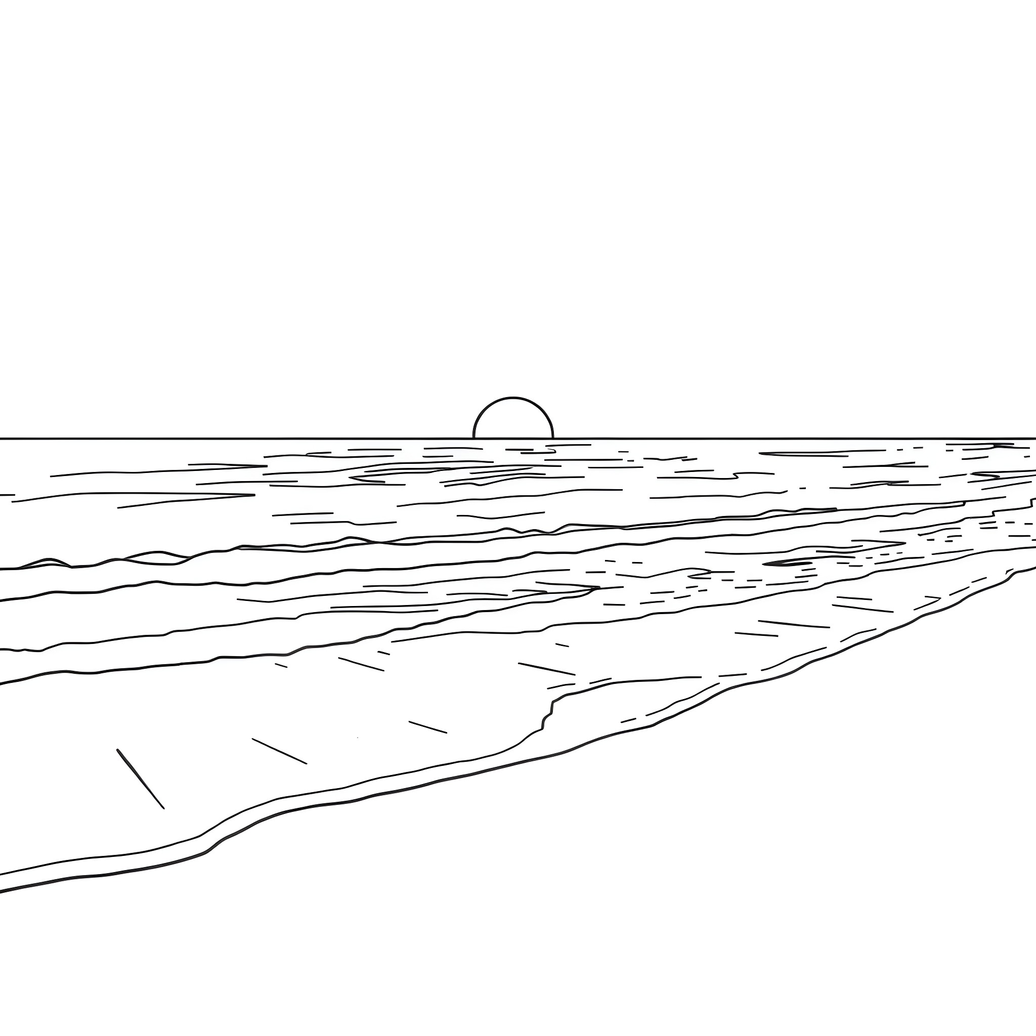 Sunset over the serene ocean waves Coloring Page (free black-and-white line drawing printable PDF for all, from beginners to advanced learners, including children, teens, adults, and seniors)