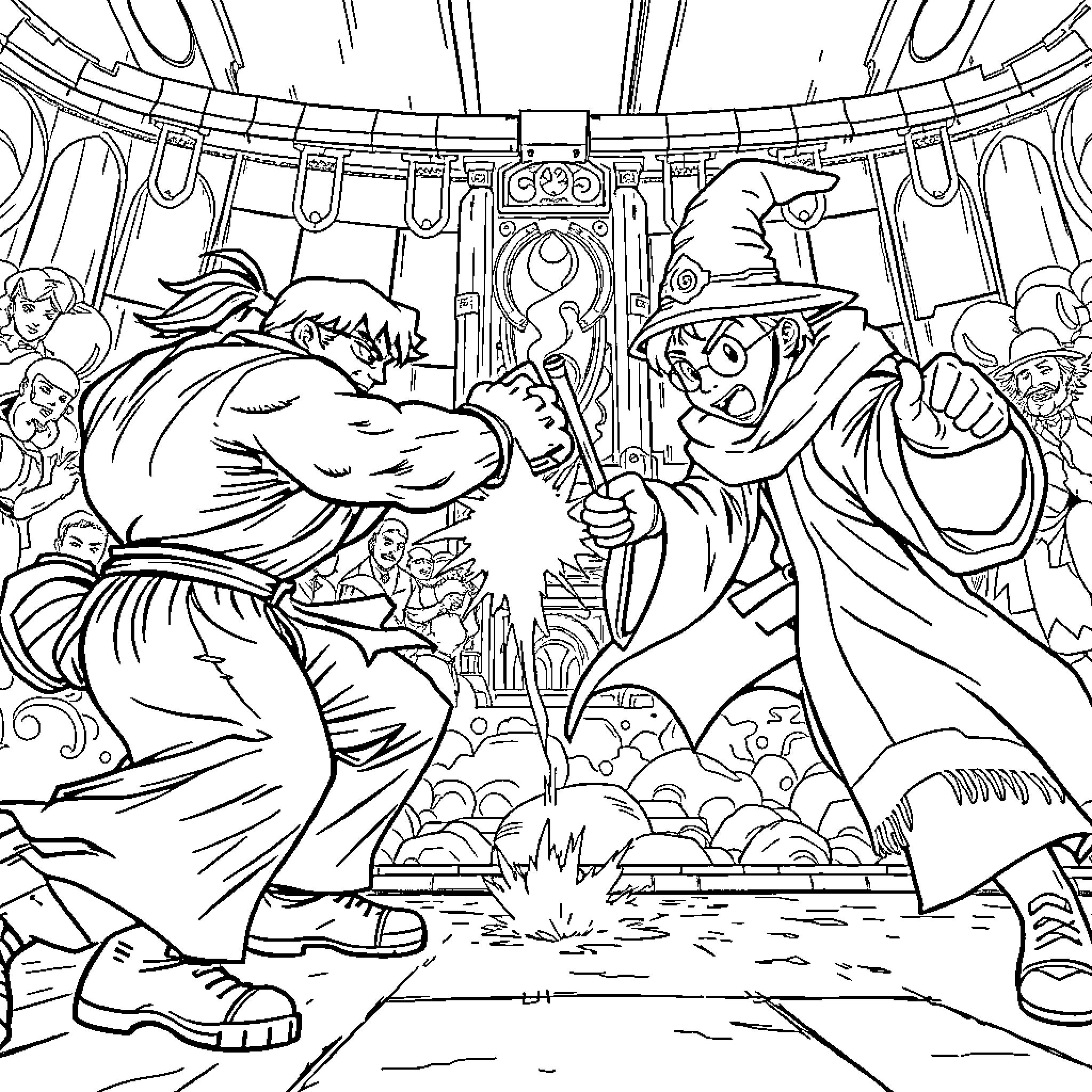 Street Fighter Scene with Combatants in Epic Battle Coloring Page (free black-and-white line drawing printable PDF for all, from beginners to advanced learners, including children, teens, adults, and seniors)