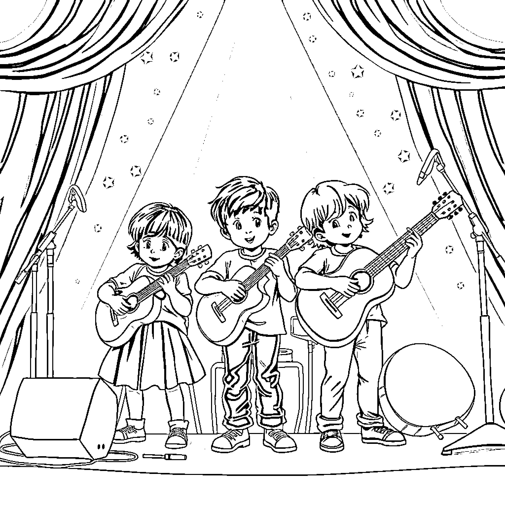 Child musicians performing on stage with guitars Coloring Page (free black-and-white line drawing printable PDF for all, from beginners to advanced learners, including children, teens, adults, and seniors)