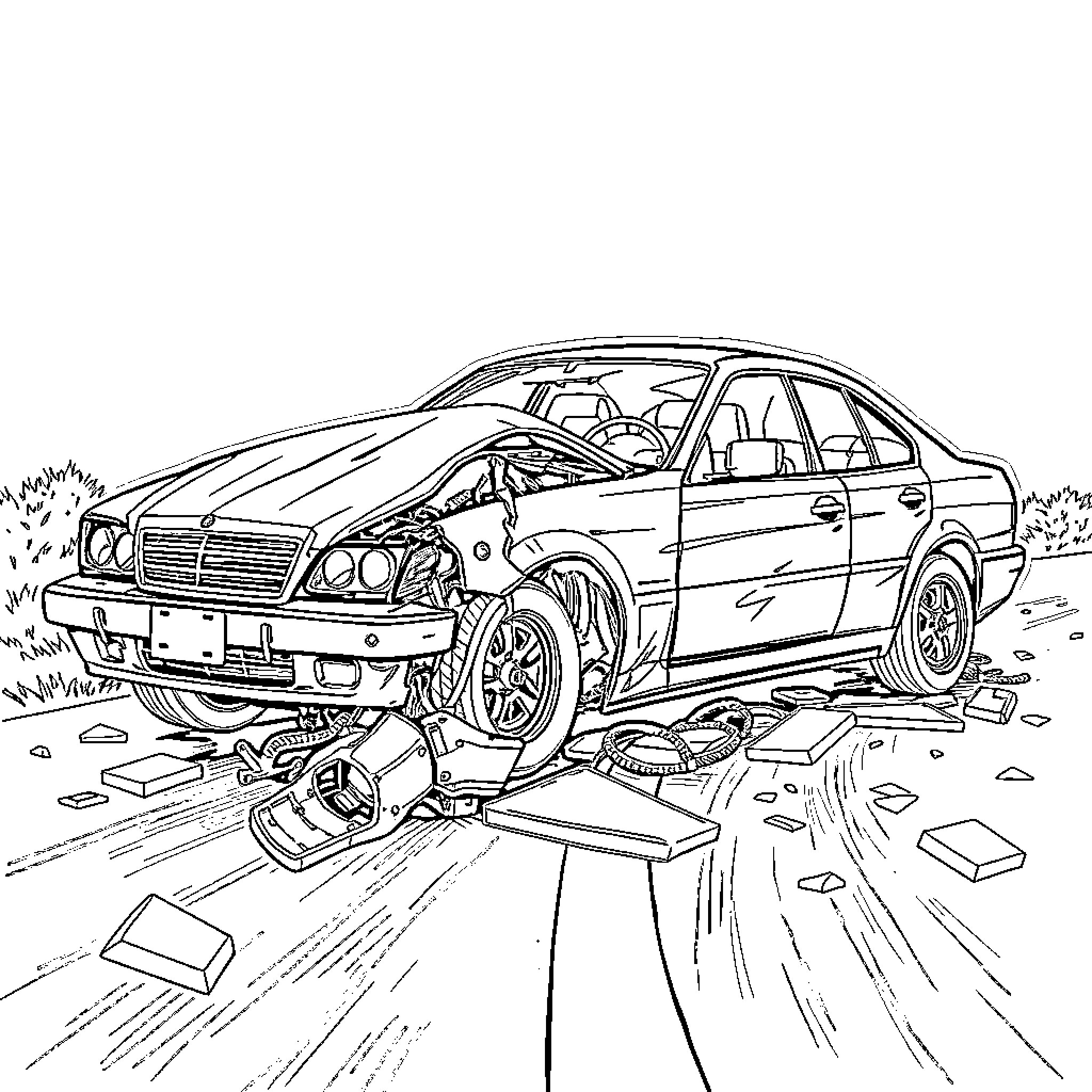 Car damaged in accident on roadside Coloring Page (free black-and-white line drawing printable PDF for all, from beginners to advanced learners, including children, teens, adults, and seniors)