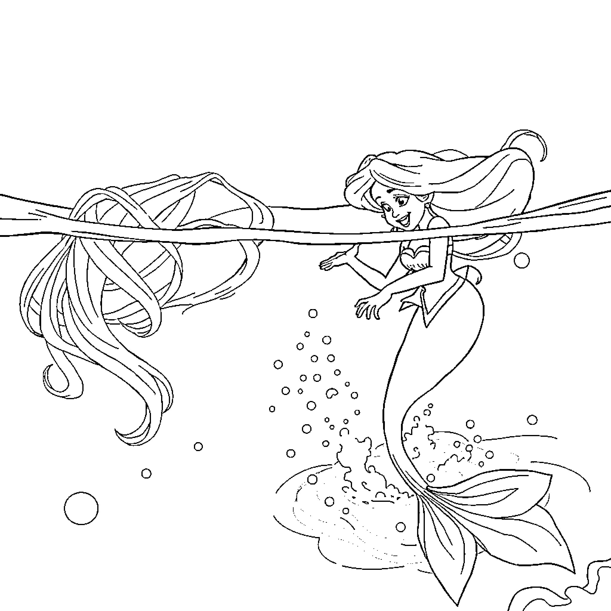 Mermaid swimming gracefully underwater Coloring Page (free black-and-white line drawing printable PDF for all, from beginners to advanced learners, including children, teens, adults, and seniors)