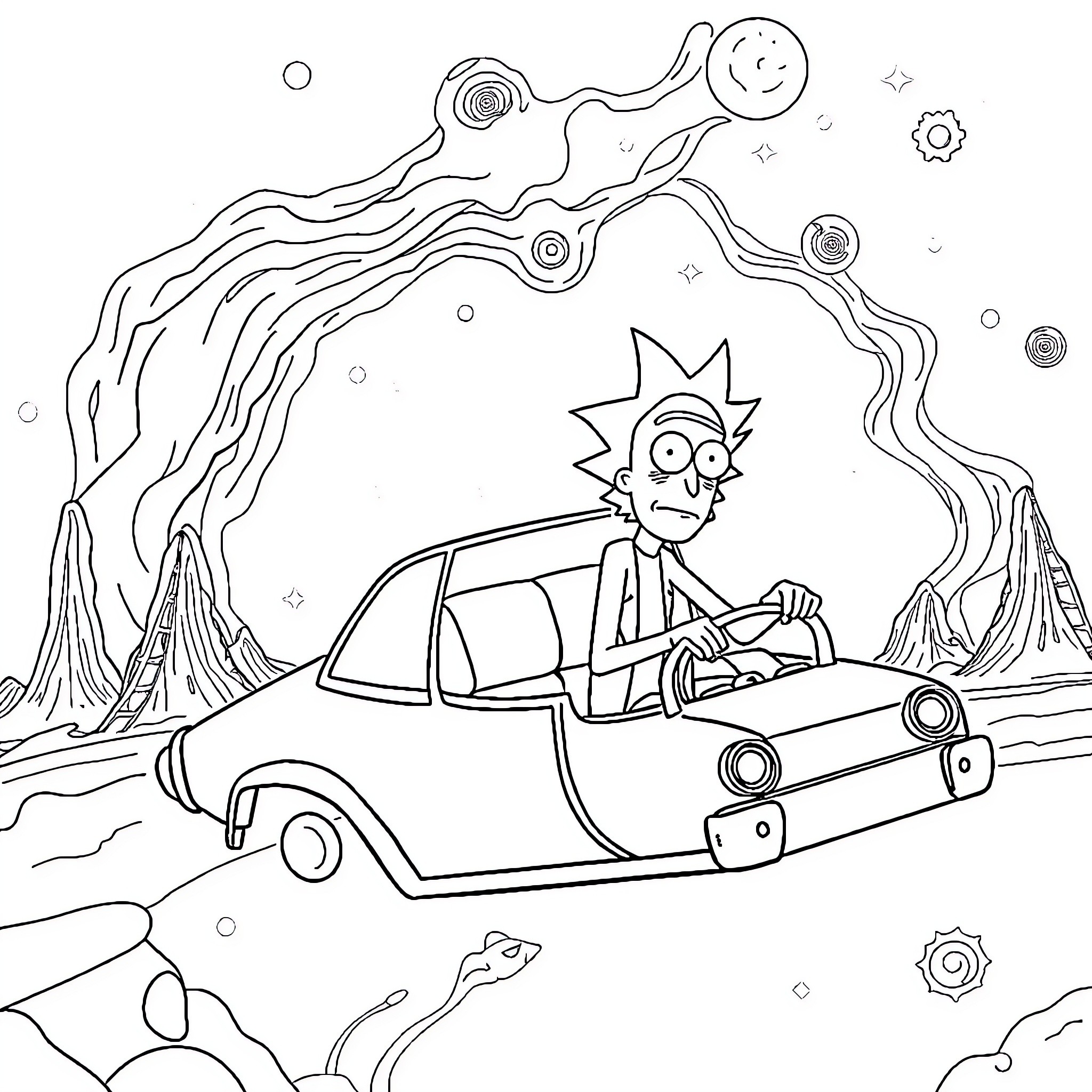 Rick And Morty driving car in bizarre cosmic landscape Coloring Page (free black-and-white line drawing printable PDF for all, from beginners to advanced learners, including children, teens, adults, and seniors)
