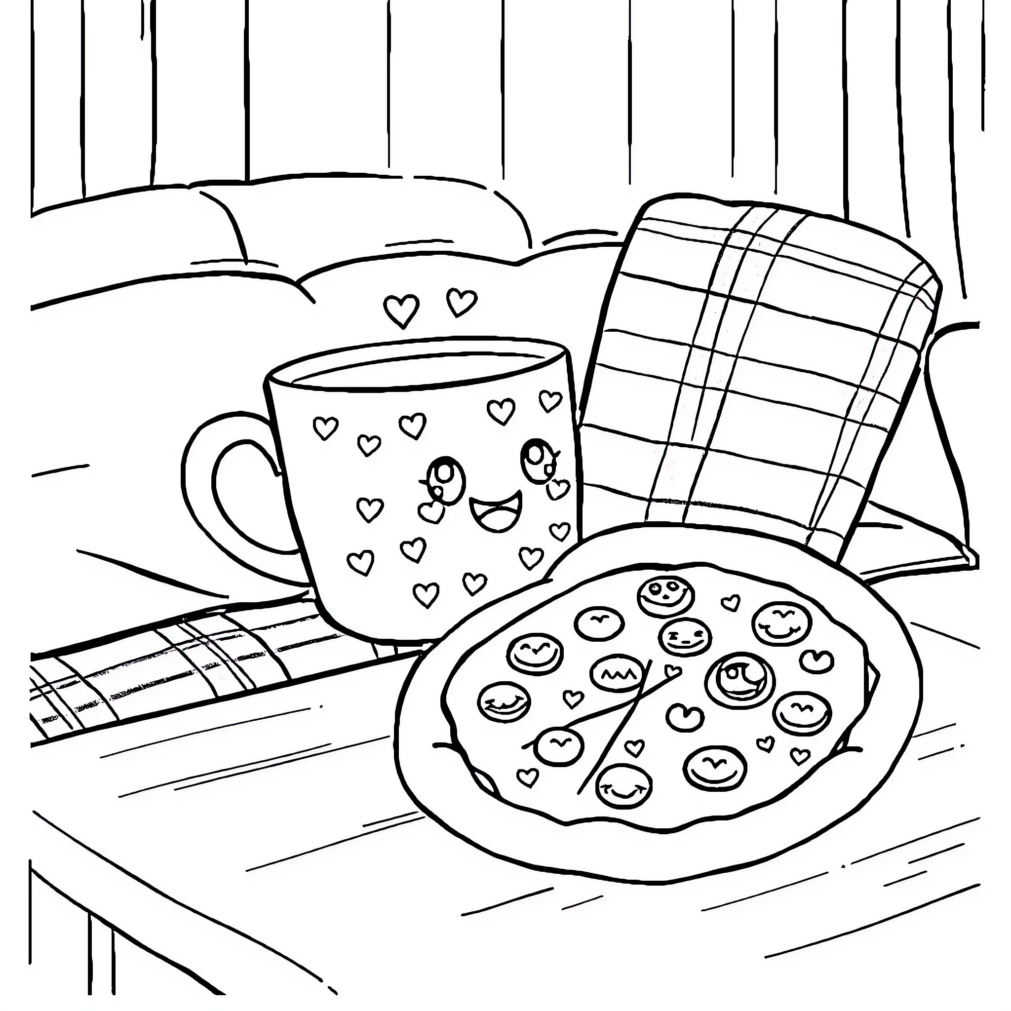 Cup of Hearts and Cozy Comfort Coloring Page (free black-and-white line drawing printable PDF for all, from beginners to advanced learners, including children, teens, adults, and seniors)