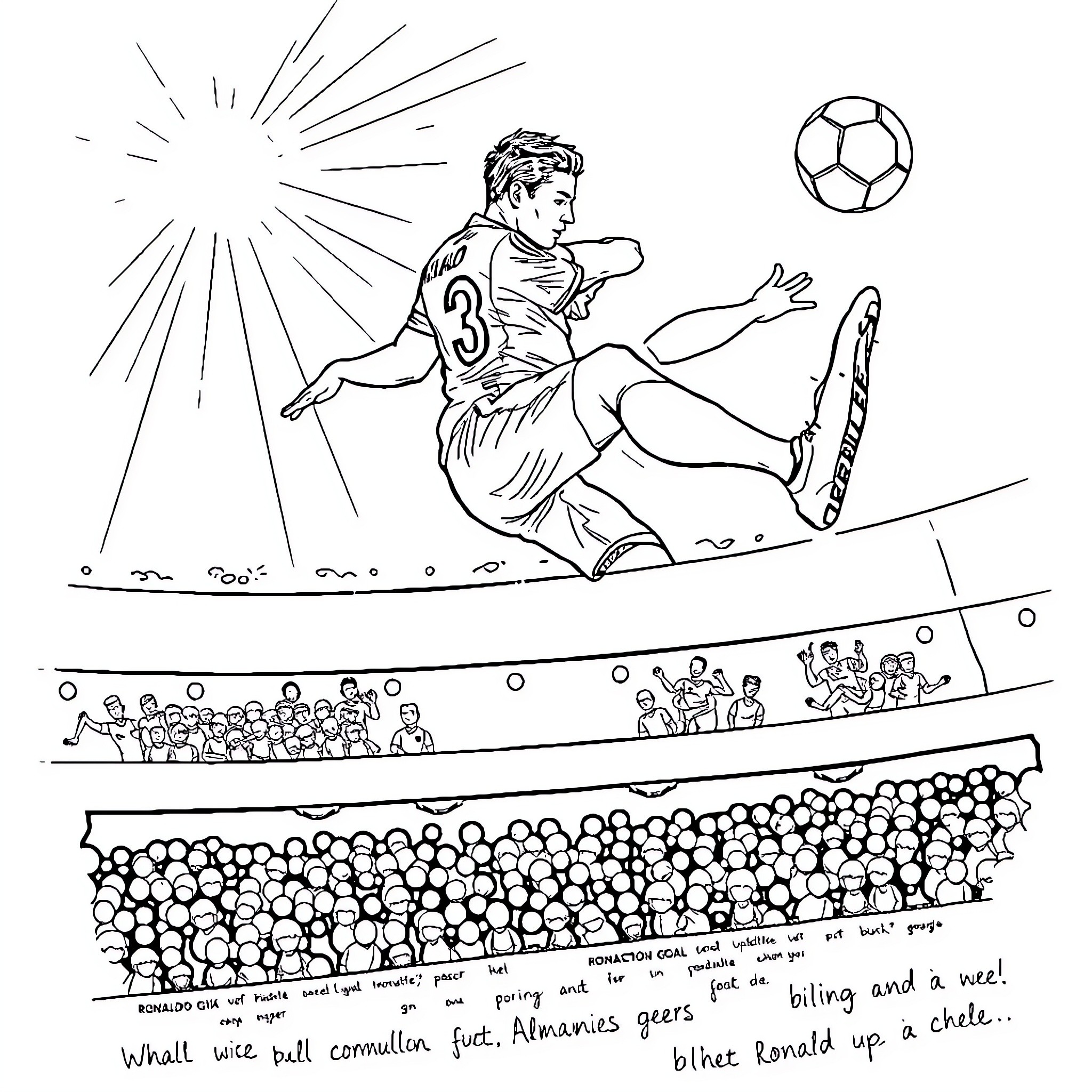 Ronaldo's Dramatic Soccer Goal Celebration Coloring Page (free black-and-white line drawing printable PDF for all, from beginners to advanced learners, including children, teens, adults, and seniors)