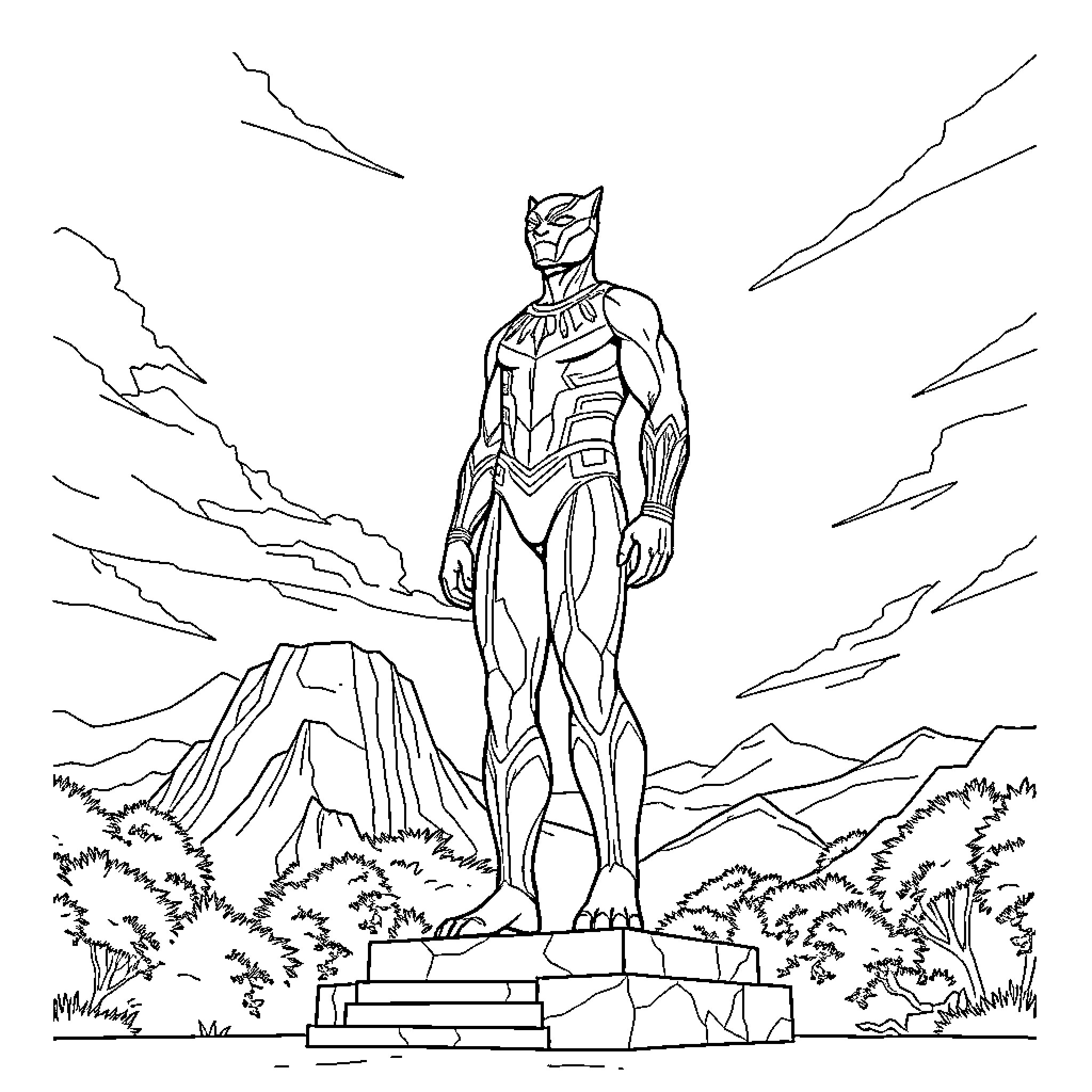 Panther superhero standing tall against mountainous landscape Coloring Page (free black-and-white line drawing printable PDF for all, from beginners to advanced learners, including children, teens, adults, and seniors)