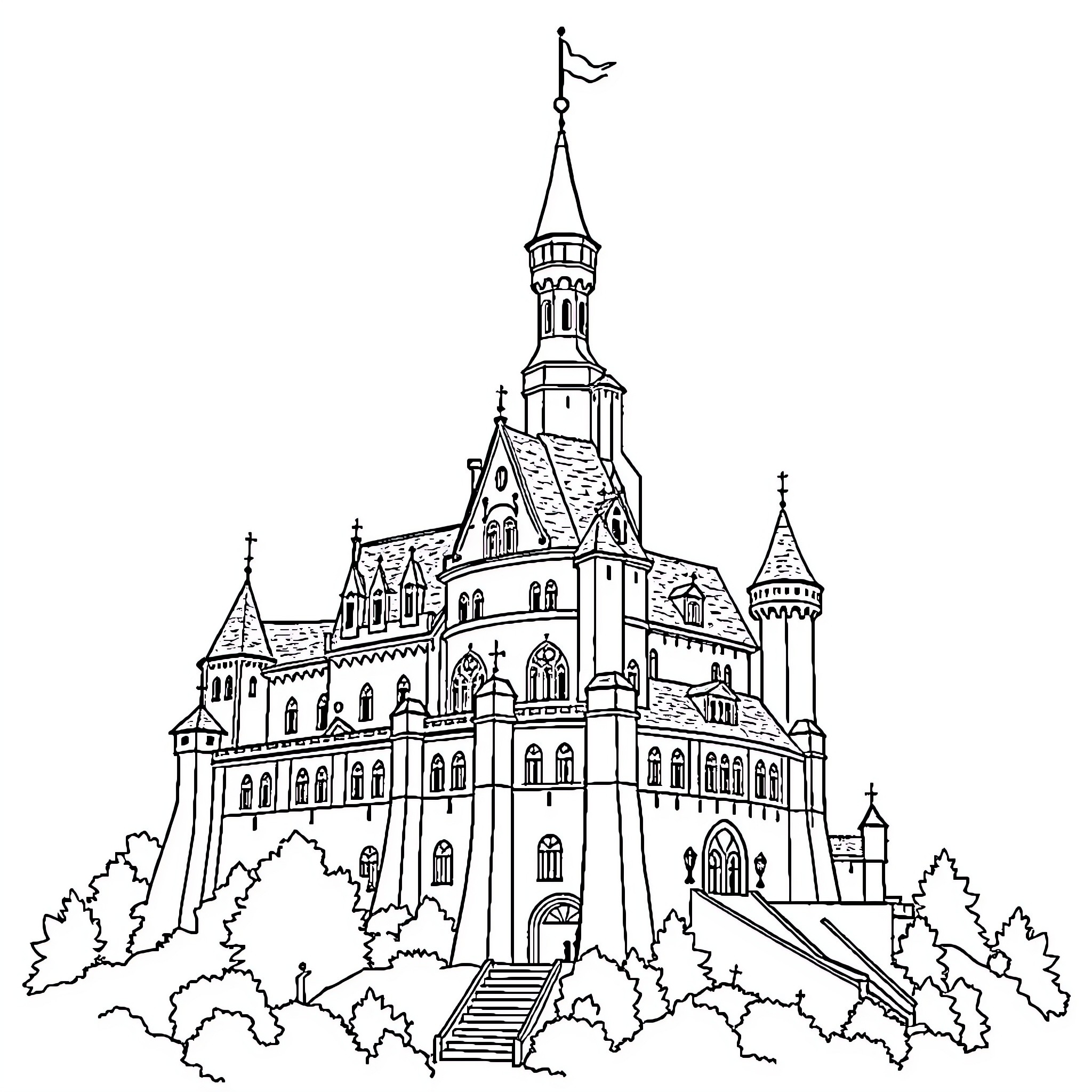 Castle with Elaborate Architecture and Towers Coloring Page (free black-and-white line drawing printable PDF for all, from beginners to advanced learners, including children, teens, adults, and seniors)
