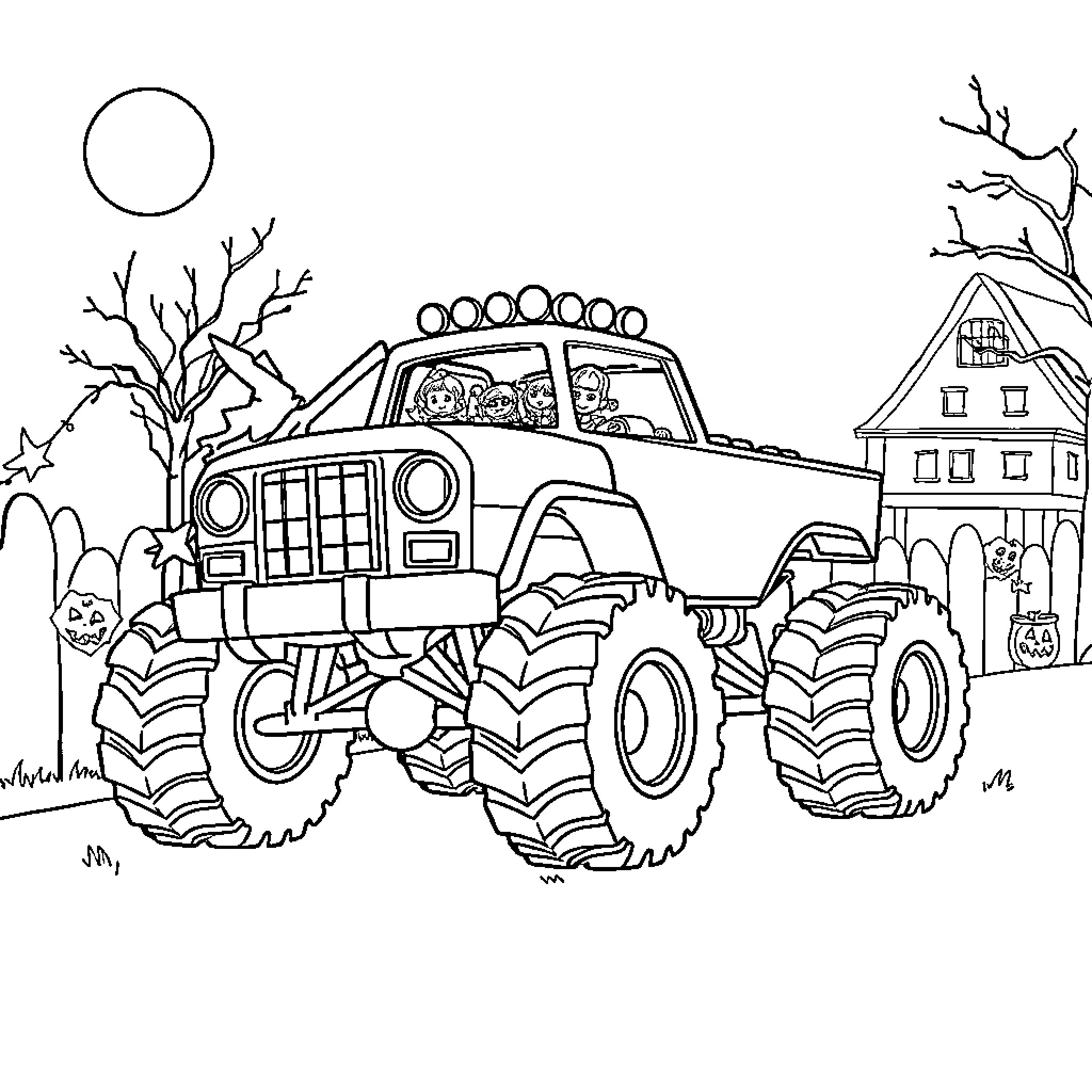 Monster Truck Driving Through Winter Landscape Coloring Page (free black-and-white line drawing printable PDF for all, from beginners to advanced learners, including children, teens, adults, and seniors)