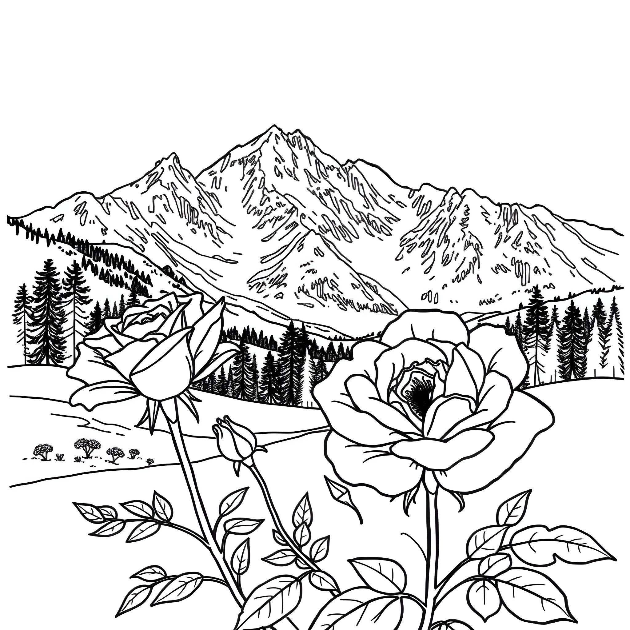Mountain Landscape with Flowers Coloring Page (free black-and-white line drawing printable PDF for all, from beginners to advanced learners, including children, teens, adults, and seniors)