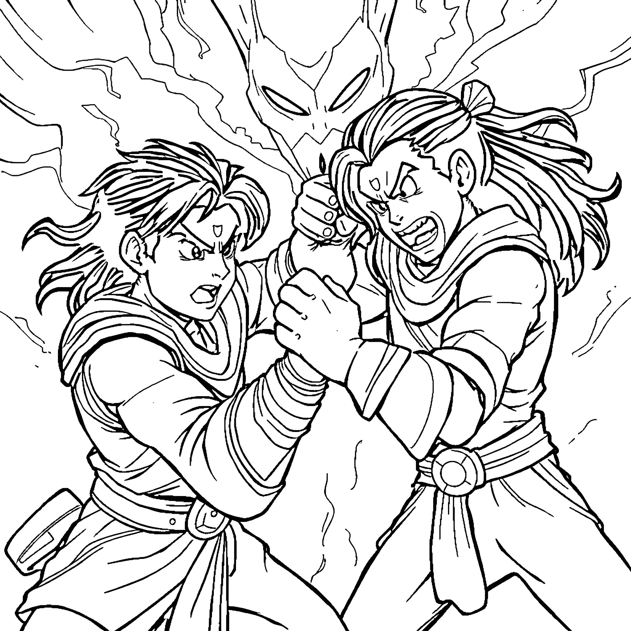 Ducay Anime Characters Battling Fiercely Coloring Page (free black-and-white line drawing printable PDF for all, from beginners to advanced learners, including children, teens, adults, and seniors)