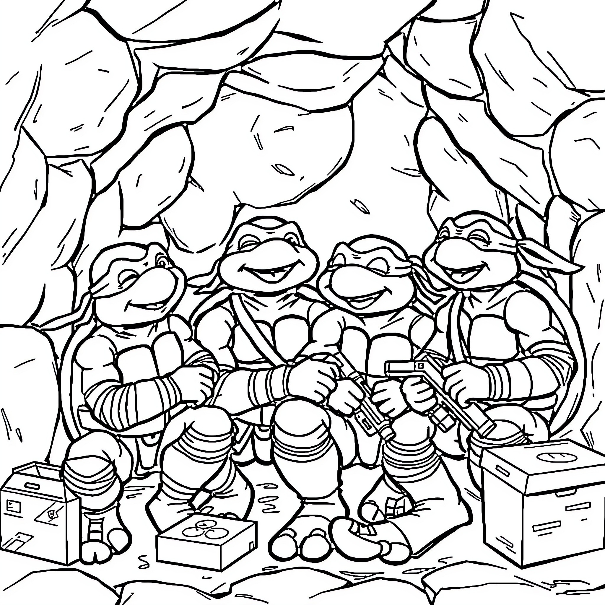 Teenage Mutant Ninja Turtles in action adventure Coloring Page (free black-and-white line drawing printable PDF for all, from beginners to advanced learners, including children, teens, adults, and seniors)