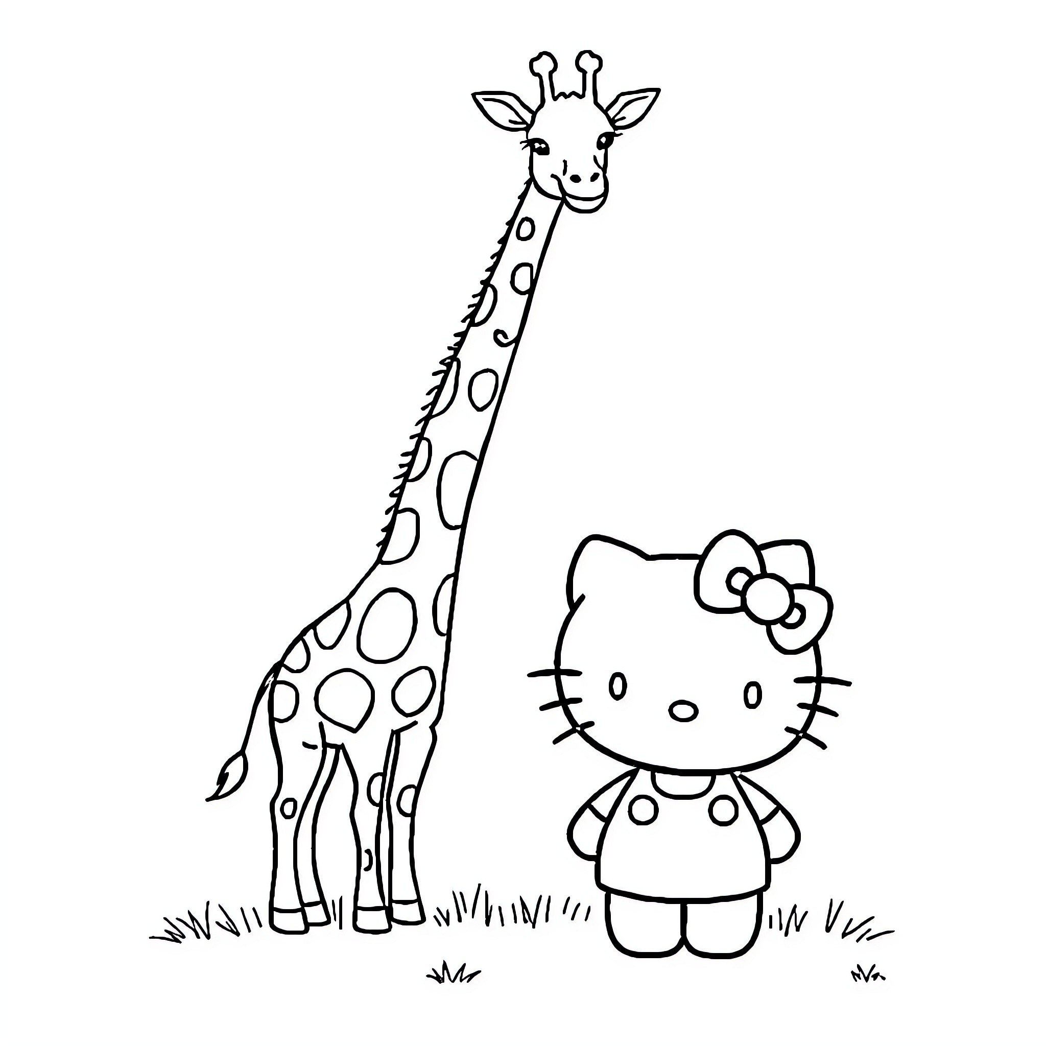 Hello Kitty meets friendly giraffe in the wild Coloring Page (free black-and-white line drawing printable PDF for all, from beginners to advanced learners, including children, teens, adults, and seniors)